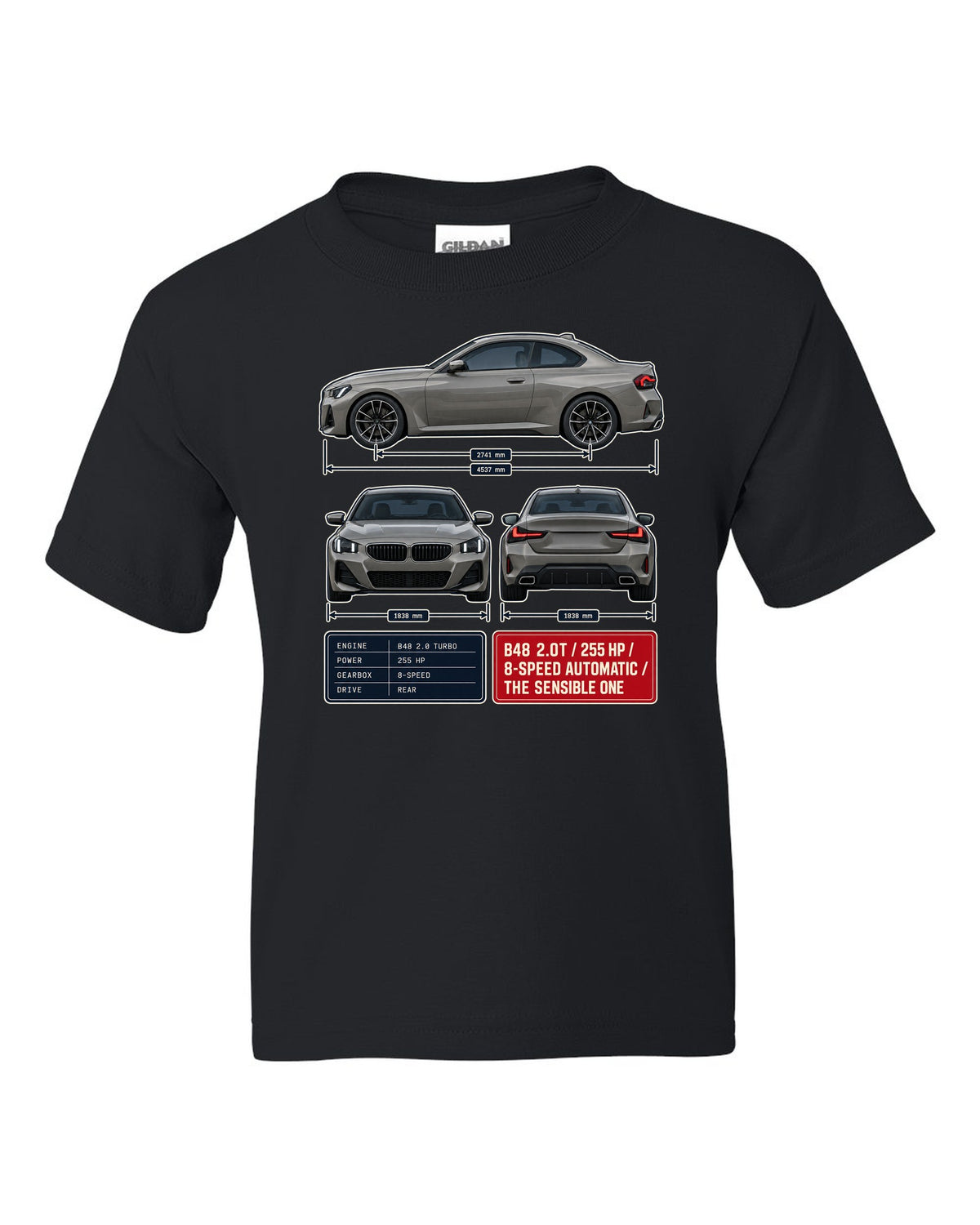 BMW 230i G42 coupe three-view drawing with spec table print black kids tee front view with the design
