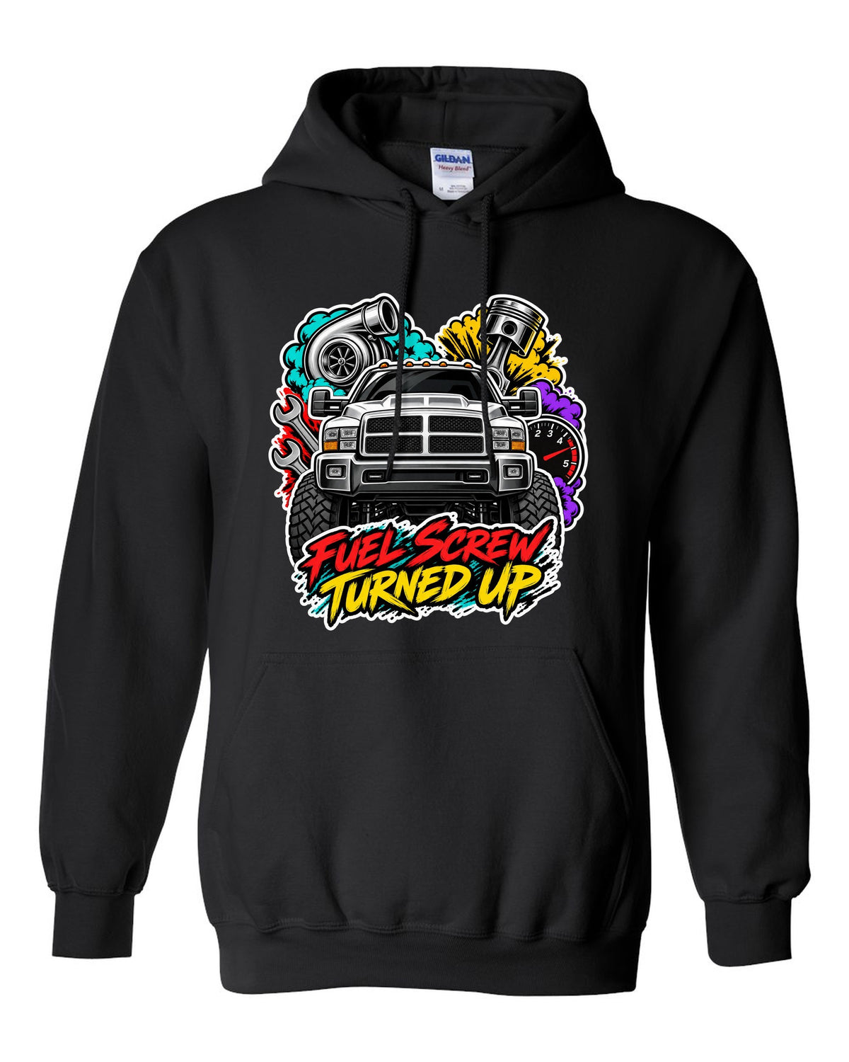 Sticker-bomb collage print of a 1994-1998 Dodge Ram 2500 12V Cummins with fuel screw text black pull over hoodie front view with the design