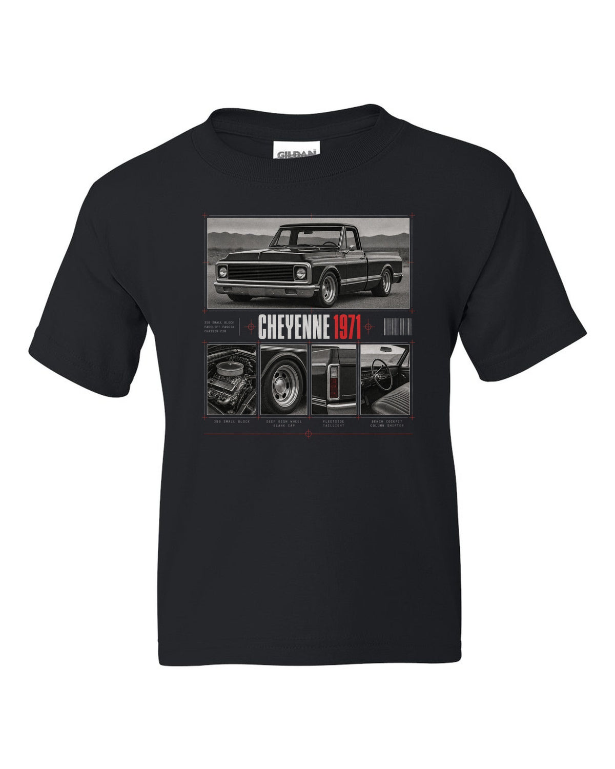 Dossier panel print of a 1971 Chevrolet C10 Cheyenne with 350 small block text black kids tee front view with the design