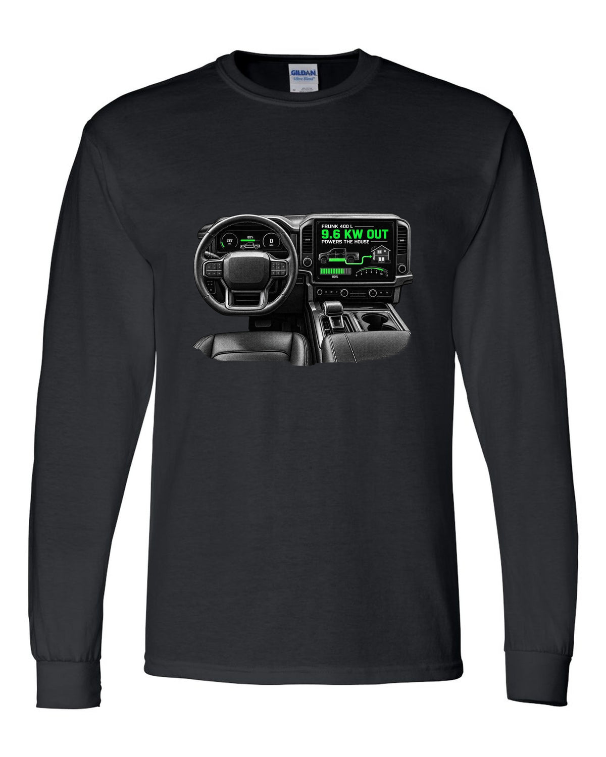 Ford F-150 Lightning 2022 interior centre screen crop with frunk readout black long sleeve front view with the design