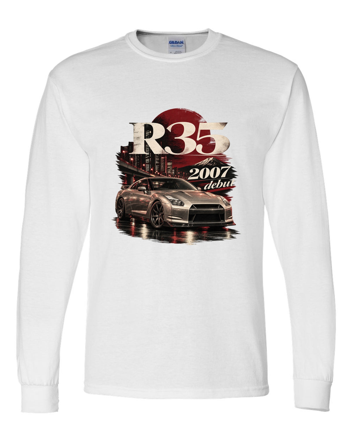 Nissan GT-R R35 2007 debut shape in warm silver on an archive panel white long sleeve front view with the design