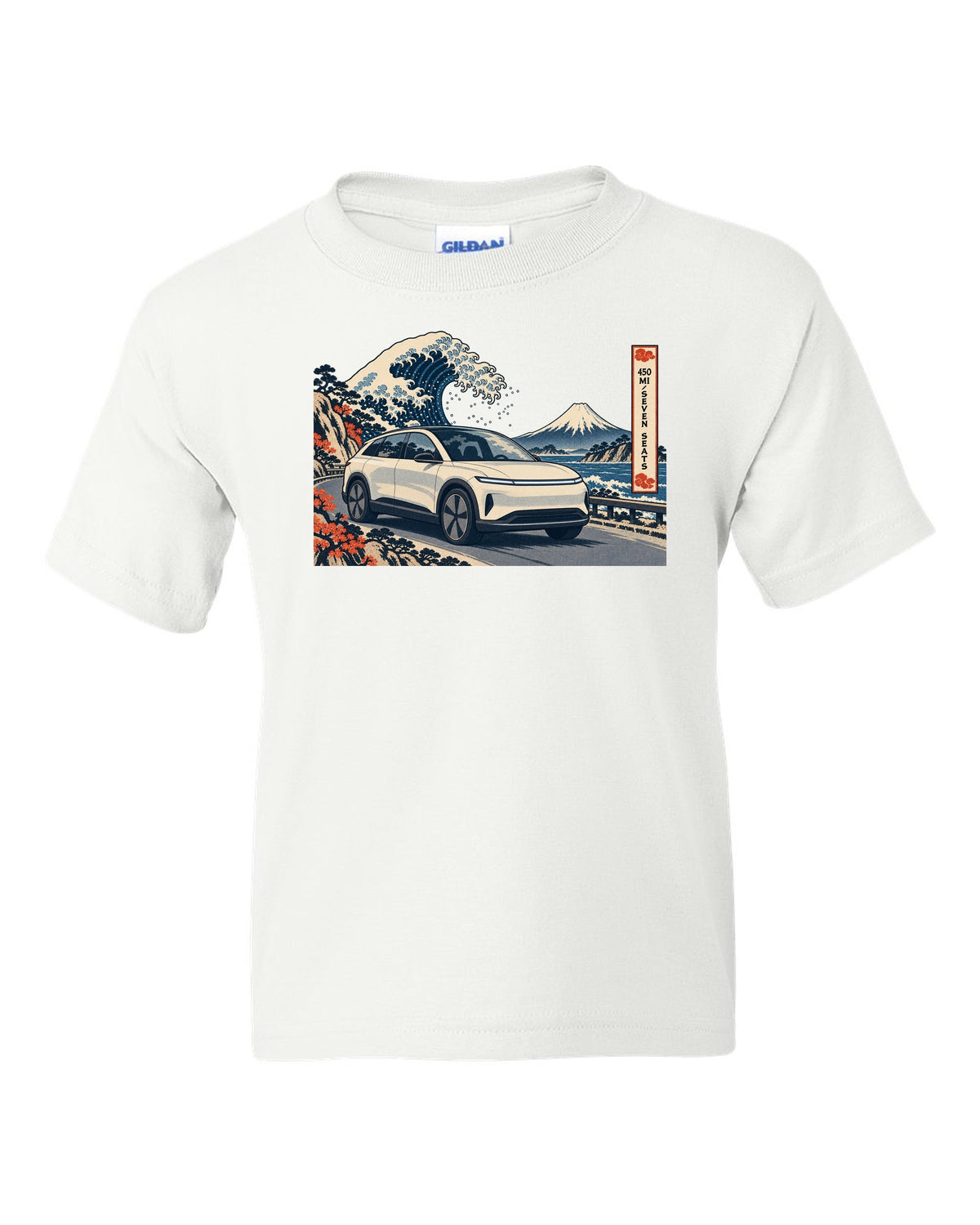 Lucid Gravity ukiyo-e woodblock ridge line print with the text 450 mi seven seats white kids tee front view with the design
