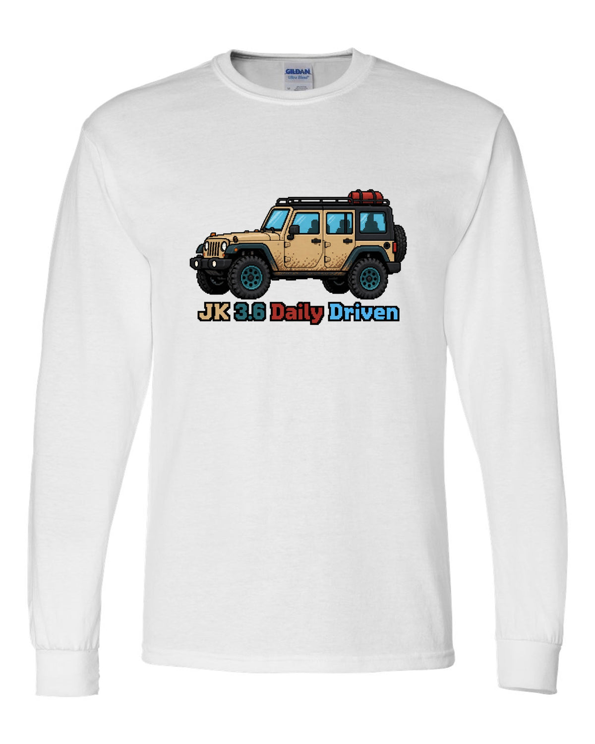 Jeep Wrangler JK 16-bit pixel art design with JK 3.6 daily driven text white long sleeve front view with the design