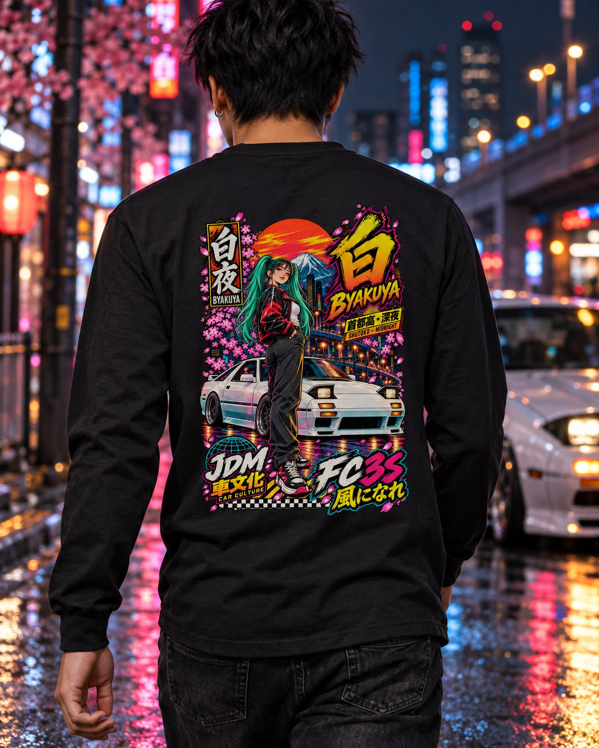 BYAKUYA FC3S Anime Girl Full-Back Graphic Tee Long Sleeve Black worn hero