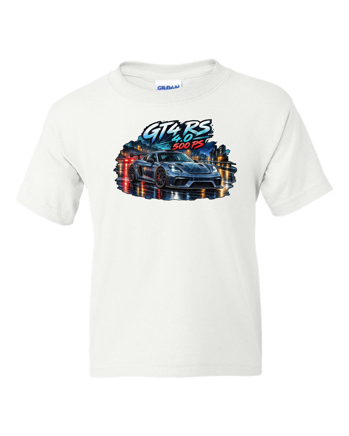 Porsche 982 Cayman GT4 RS wet road night watercolour design with 4.0 500 PS text white kids tee front view with the design