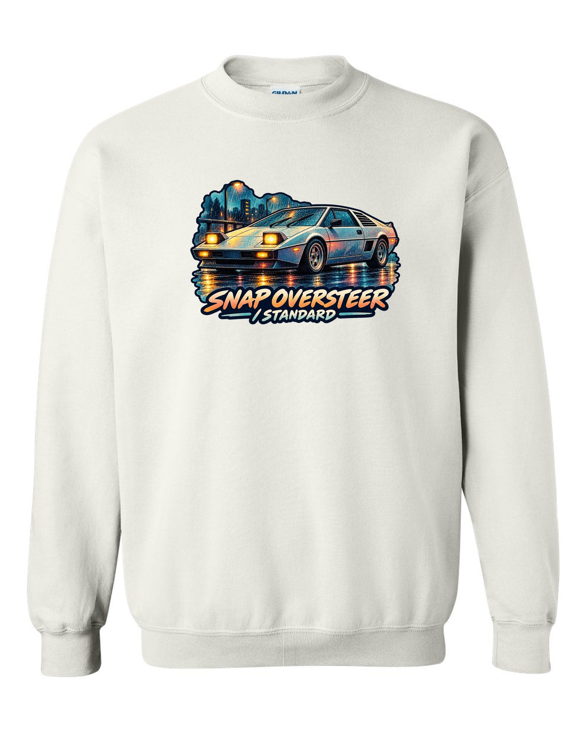 Watercolour wash of a Toyota MR2 AW11 driving in rain with oversteer slogan white crewneck front view with the design