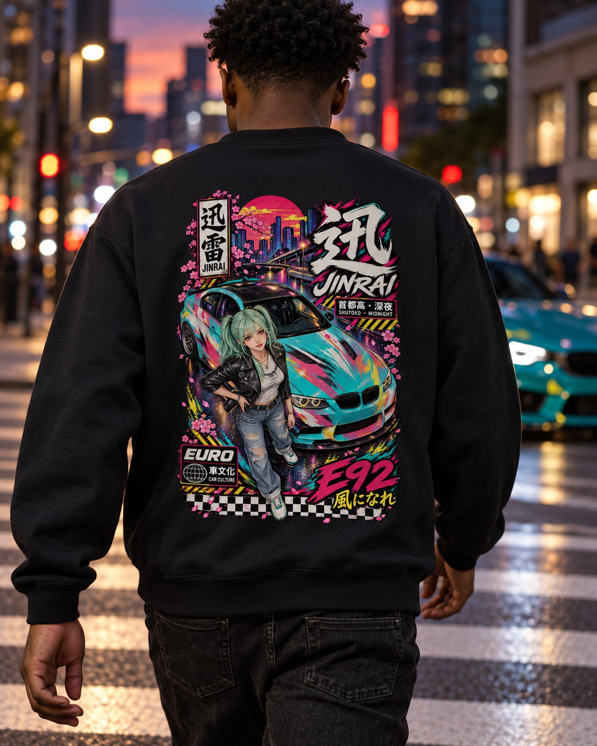 JINRAI E92 Anime Girl Full-Back Graphic Tee Crewneck Black worn hero