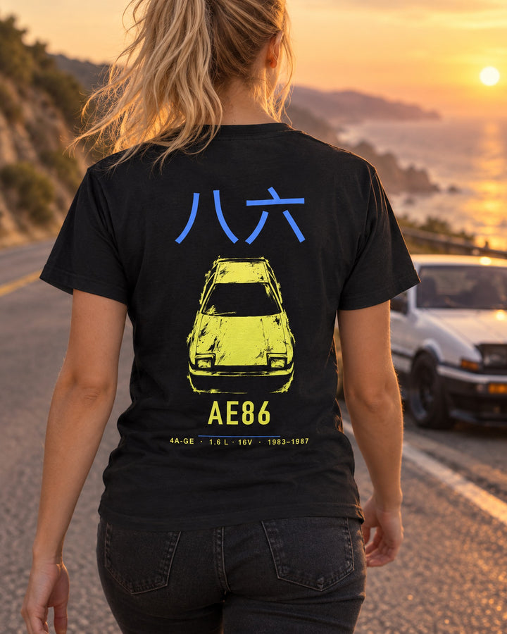 AE86 4A-GE Full-Back Graphic Tee T-Shirt Black worn hero