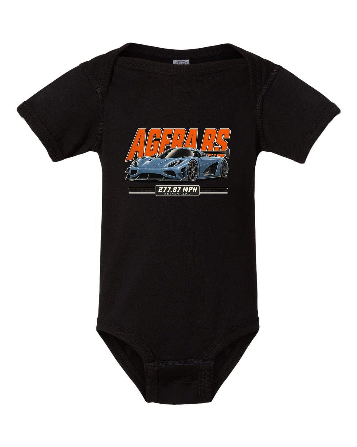 Halftone print of the Koenigsegg Agera RS with the text 277.87 mph, Nevada, 2017 black baby onesie front view with the design