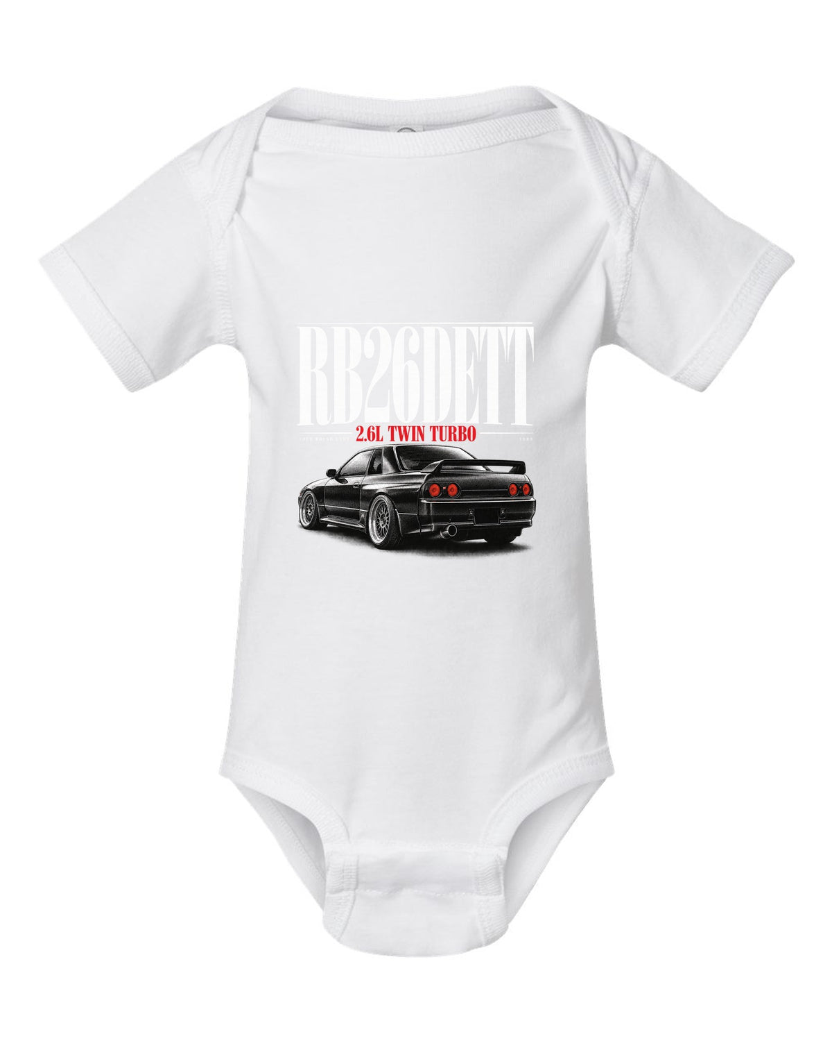 Editorial headline print of a Nissan Skyline GT-R R32 BNR32 with RB26DETT text white baby onesie front view with the design