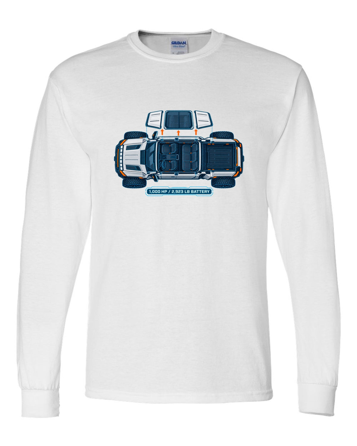 GMC Hummer EV roof panels shown as a white and cyan blueprint with 1,000 HP and battery weight white long sleeve front view with the design