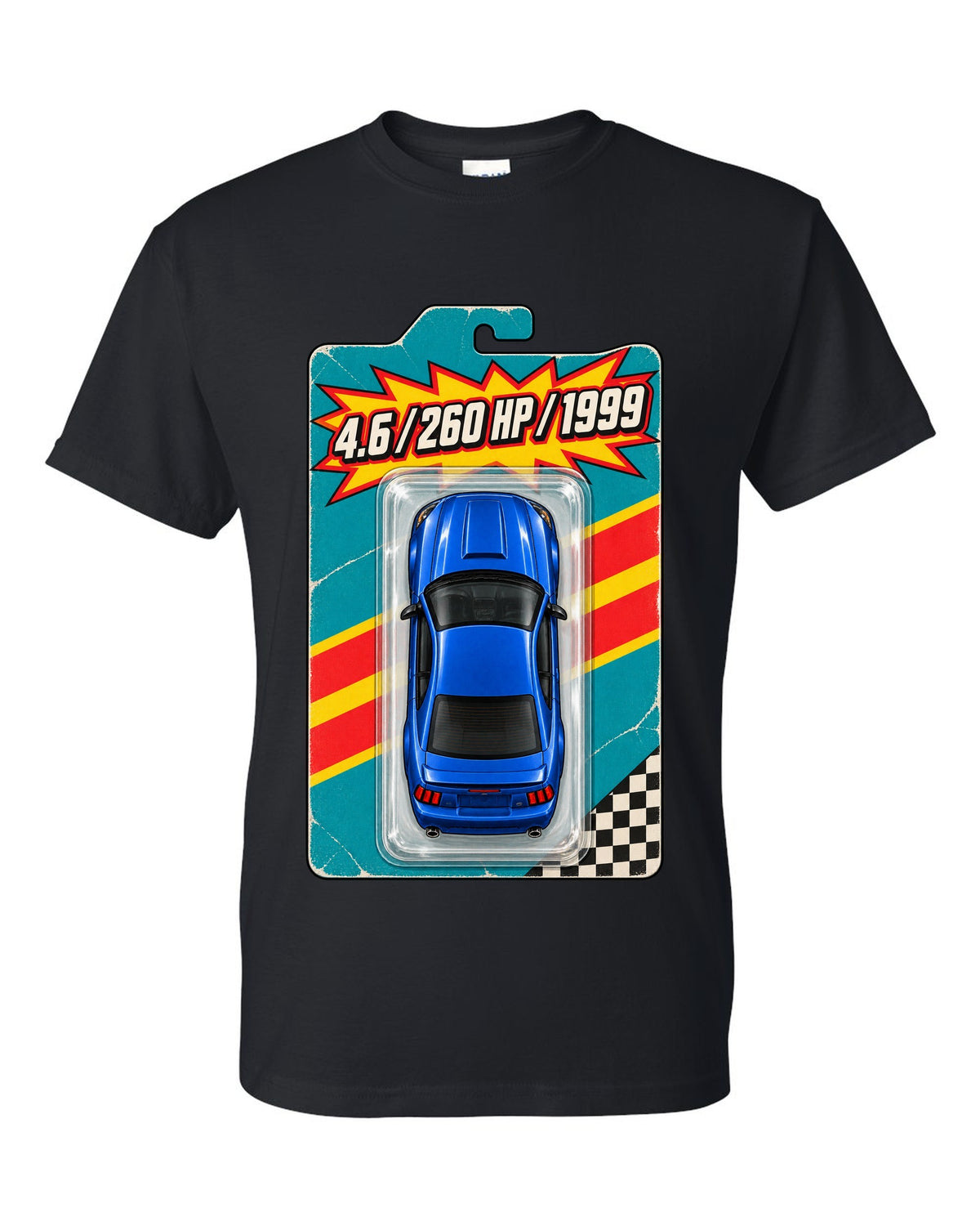 Toy blister card layout of a 1999-2004 New Edge Ford Mustang coupe with 4.6 260 HP text black t-shirt front view with the design