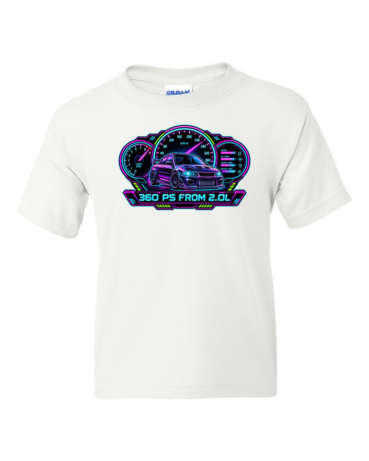 Neon cyberpunk gauge cluster print for the Mitsubishi Evo IX CT9A with 360 PS from 2.0L text white kids tee front view with the design