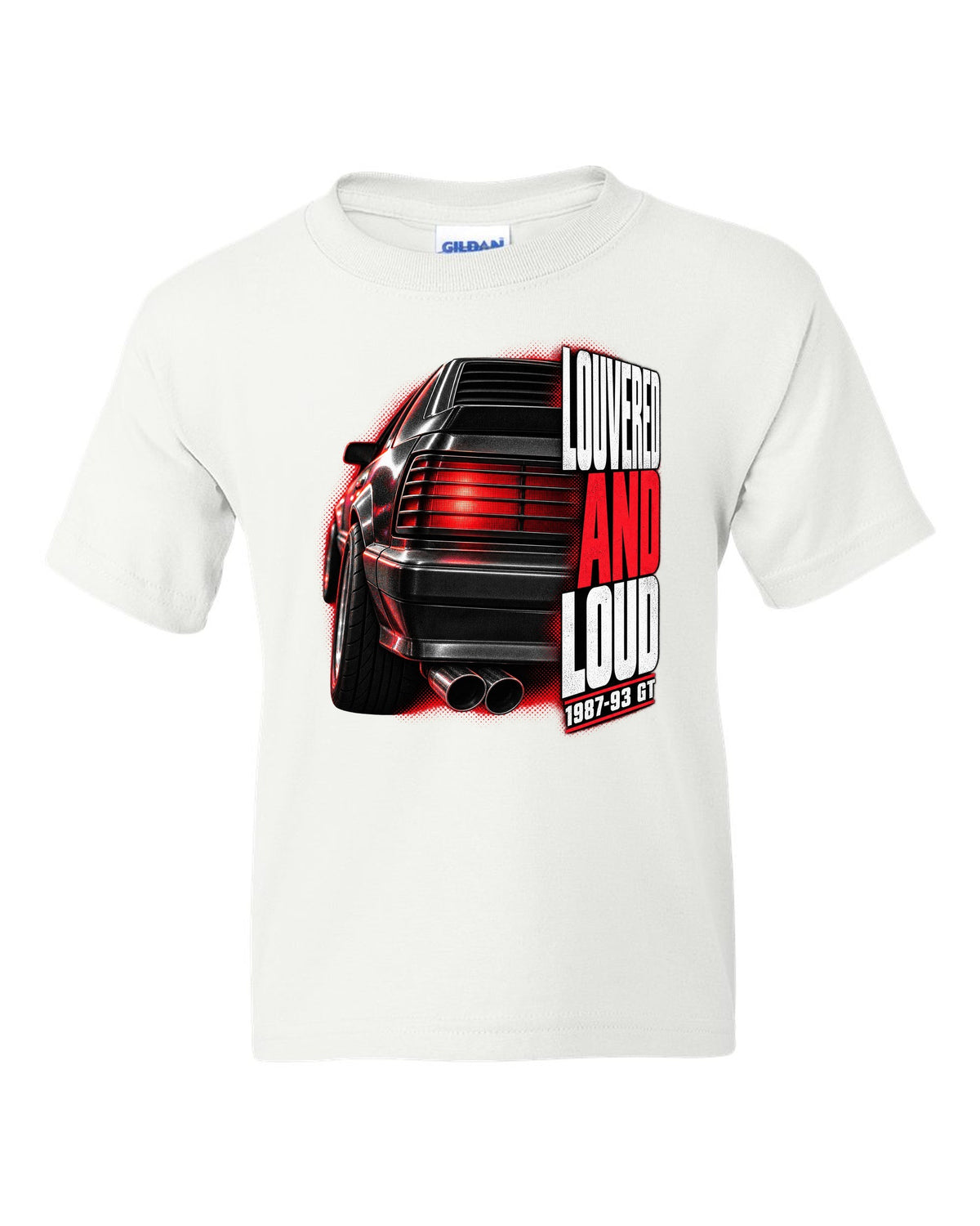 Macro print of a Ford Mustang Fox Body GT louvered taillight, 1987-93 white kids tee front view with the design
