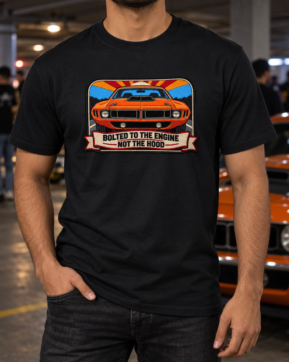 1970 Plymouth Hemi 'Cuda Shaker Embroidered Patch Style Shirt T-Shirt Black worn hero