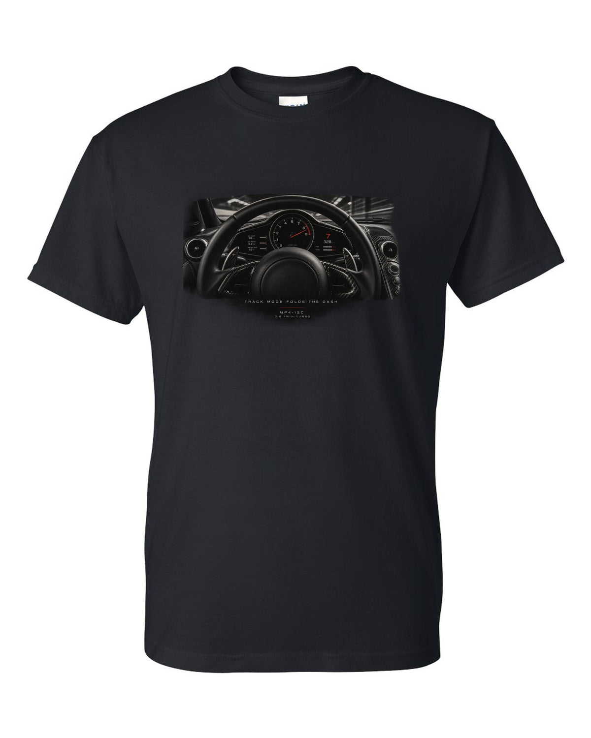Cockpit gauge print of a 2011 McLaren 12C MP4-12C with folding dash text black t-shirt front view with the design