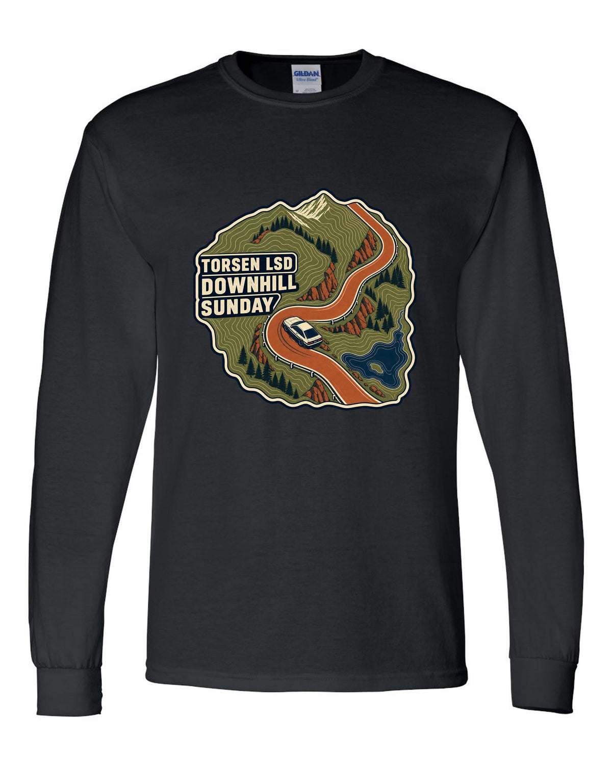 Topographic route map print for a Hyundai Genesis Coupe BK2 with Torsen LSD downhill Sunday text black long sleeve front view with the design