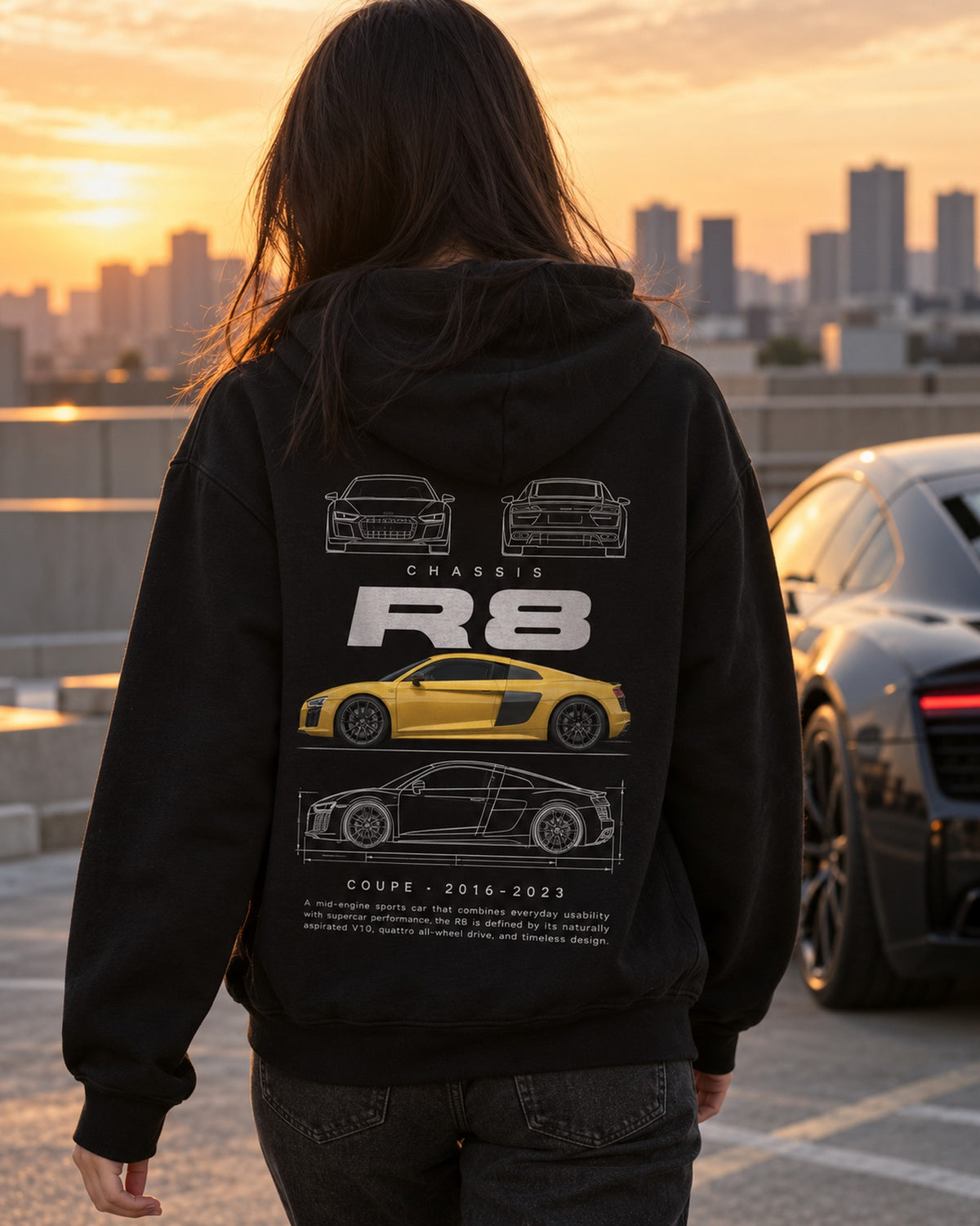 Audi R8 second generation Blueprint Full-Back Graphic Tee, R8 Chassis Code Pull Over Hoodie Black worn hero