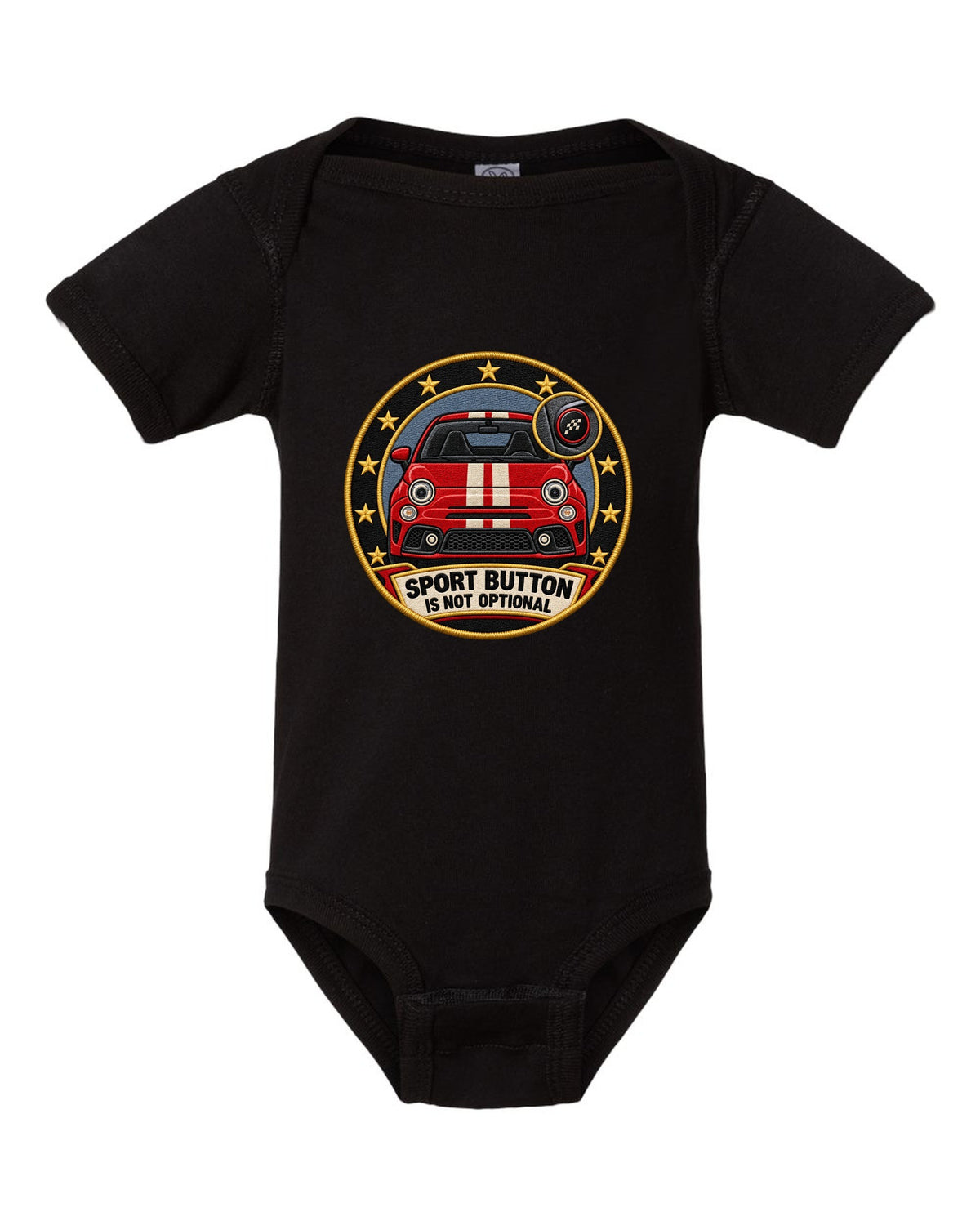 Varsity crest of a Fiat 500 Abarth with sport button text black baby onesie front view with the design