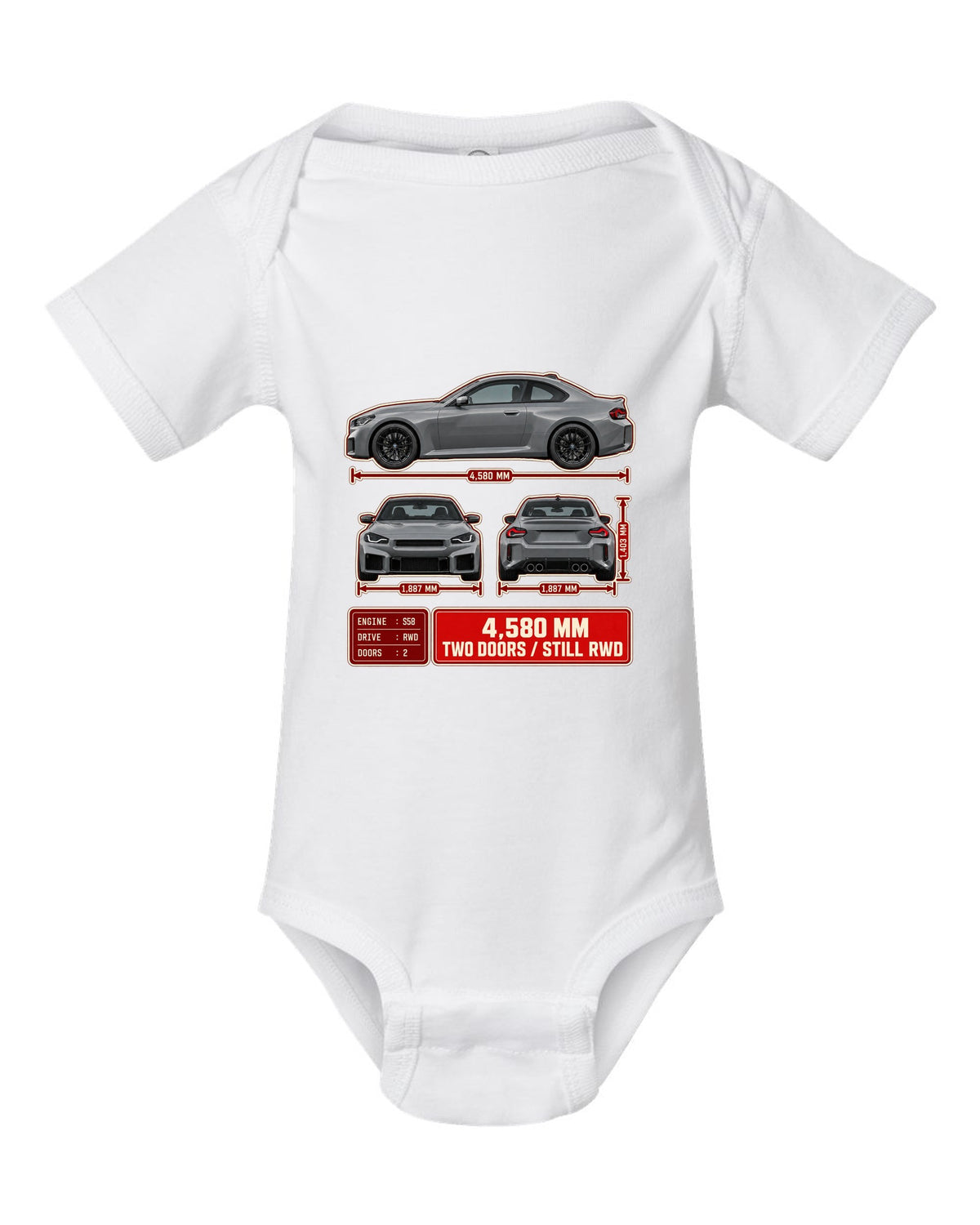 BMW M2 G87 three-view drawing with spec table noting 4,580 mm and rear-wheel drive white baby onesie front view with the design