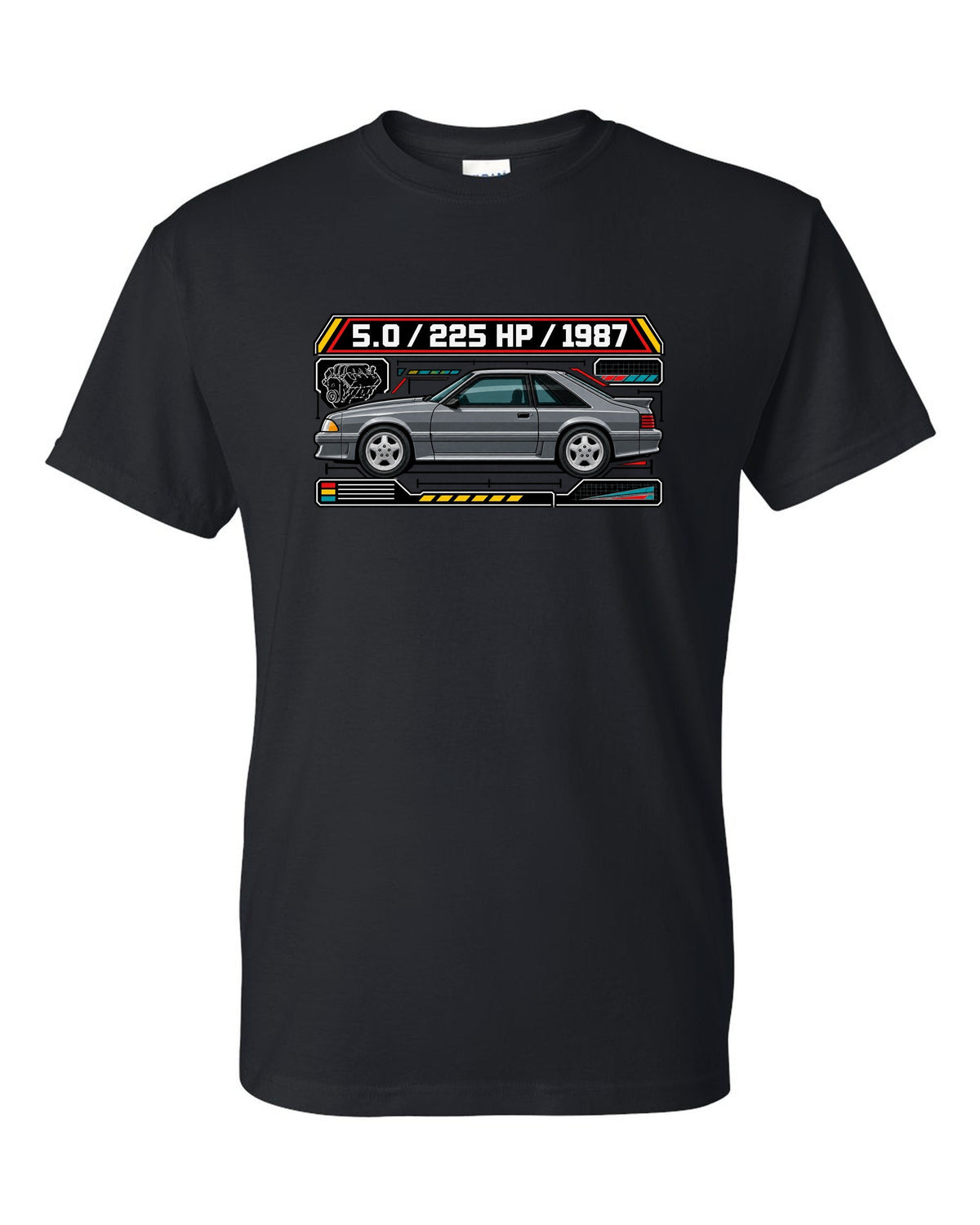 Spec-sheet data plate print of a 1987 Ford Mustang Fox Body GT chback black t-shirt front view with the design
