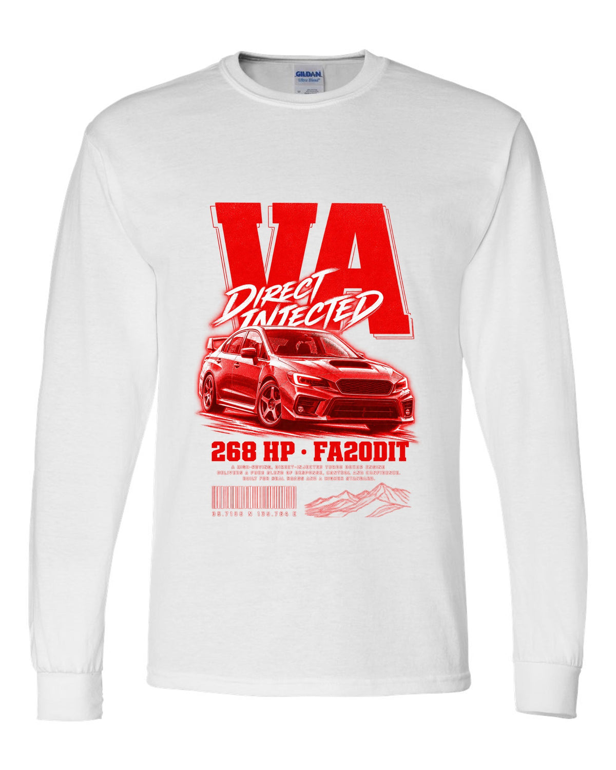Street poster print for the Subaru WRX VA reading Direct Injected, 268 HP, FA20DIT white long sleeve front view with the design