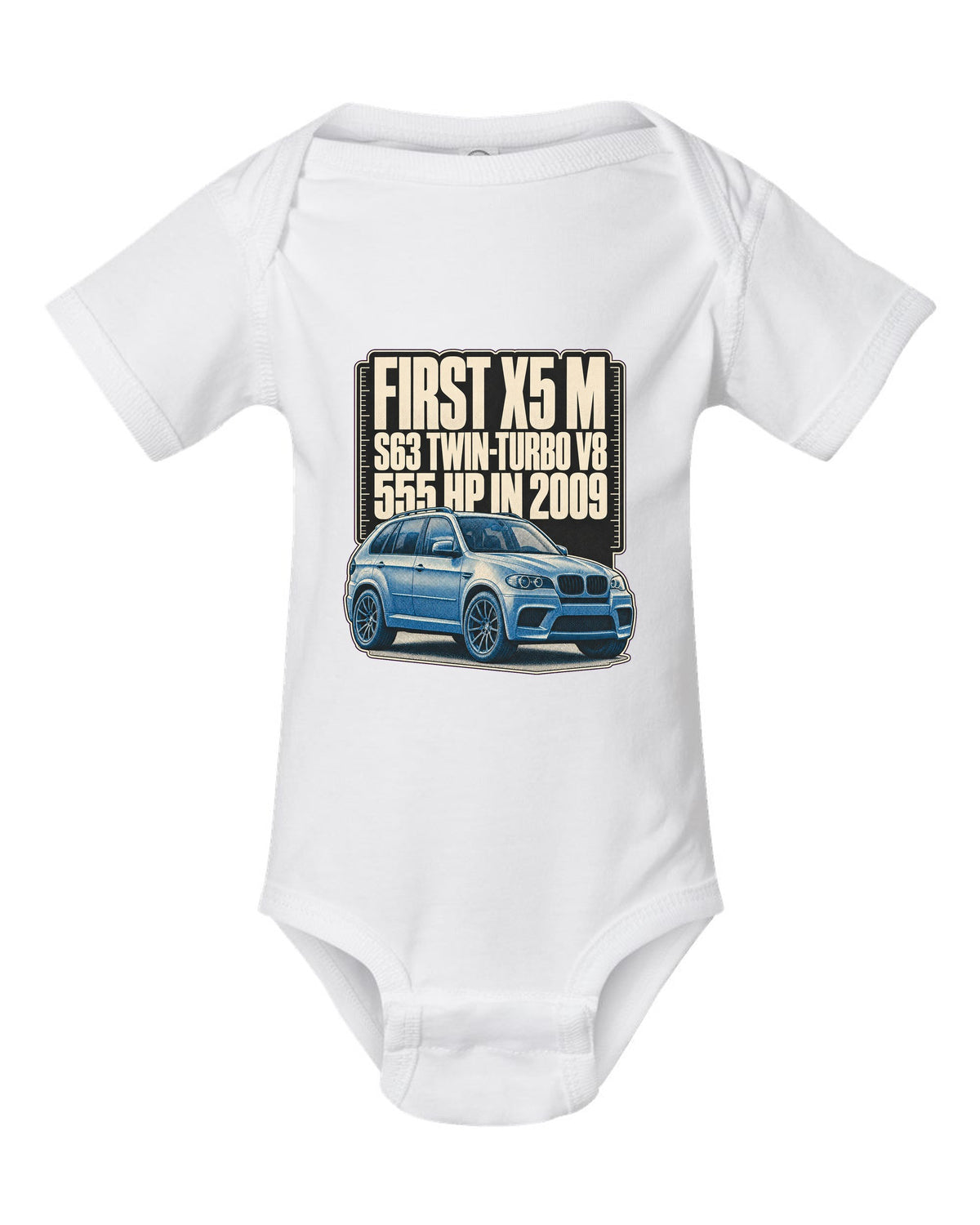 BMW X5 M E70 halftone print on a tee white baby onesie front view with the design