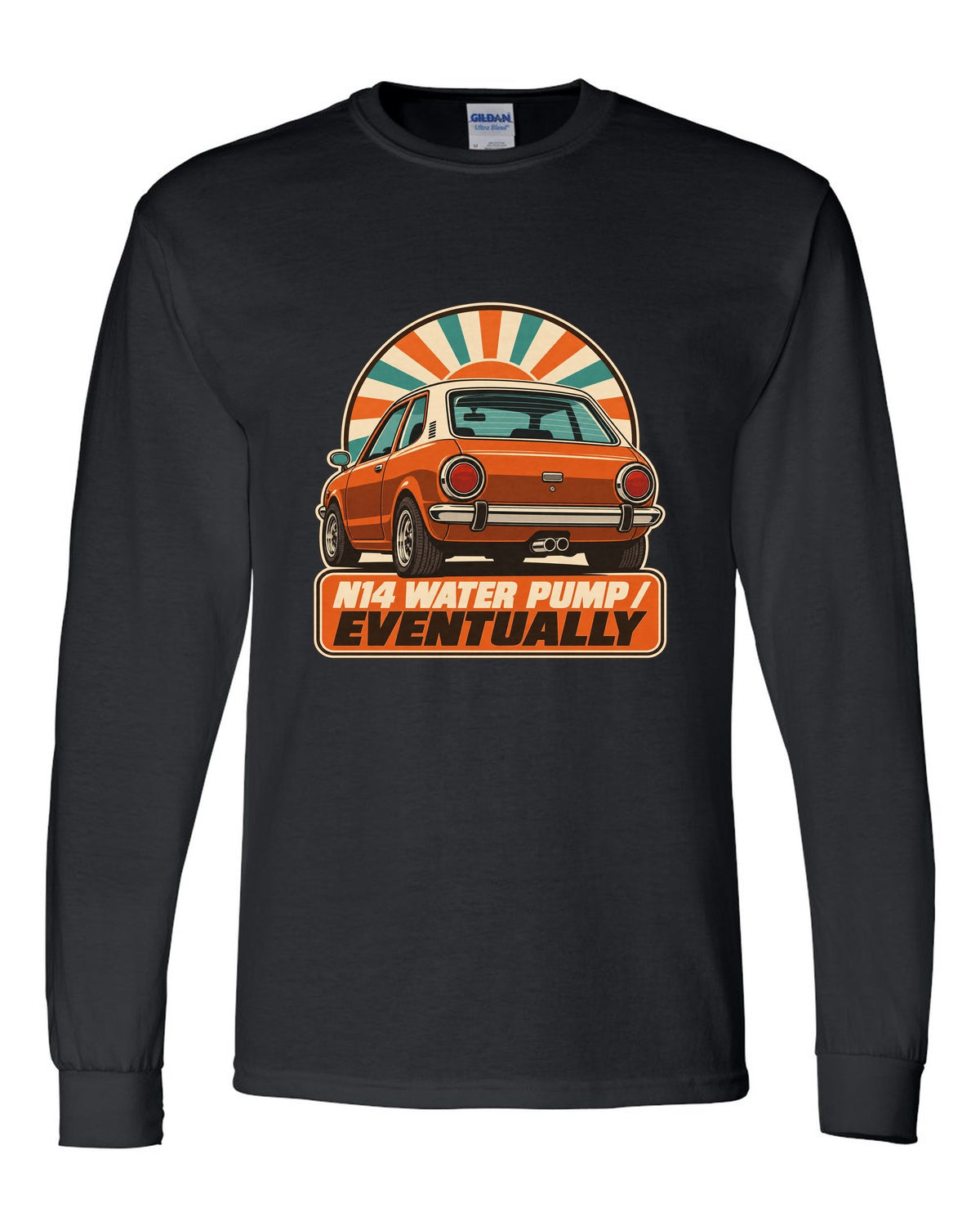 1970s catalogue-style ad of a Mini Cooper S R56 with N14 water pump text black long sleeve front view with the design