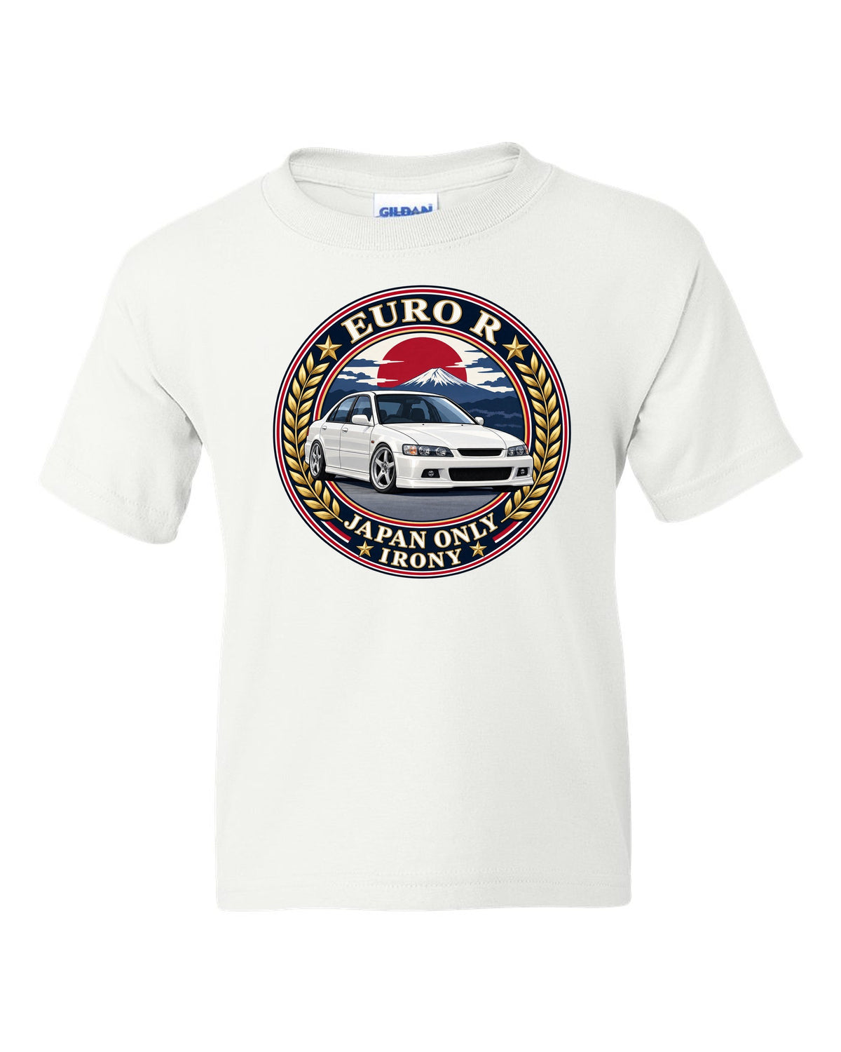 Crest layout print for the Honda Accord Euro R CL1 with Japan Only text white kids tee front view with the design