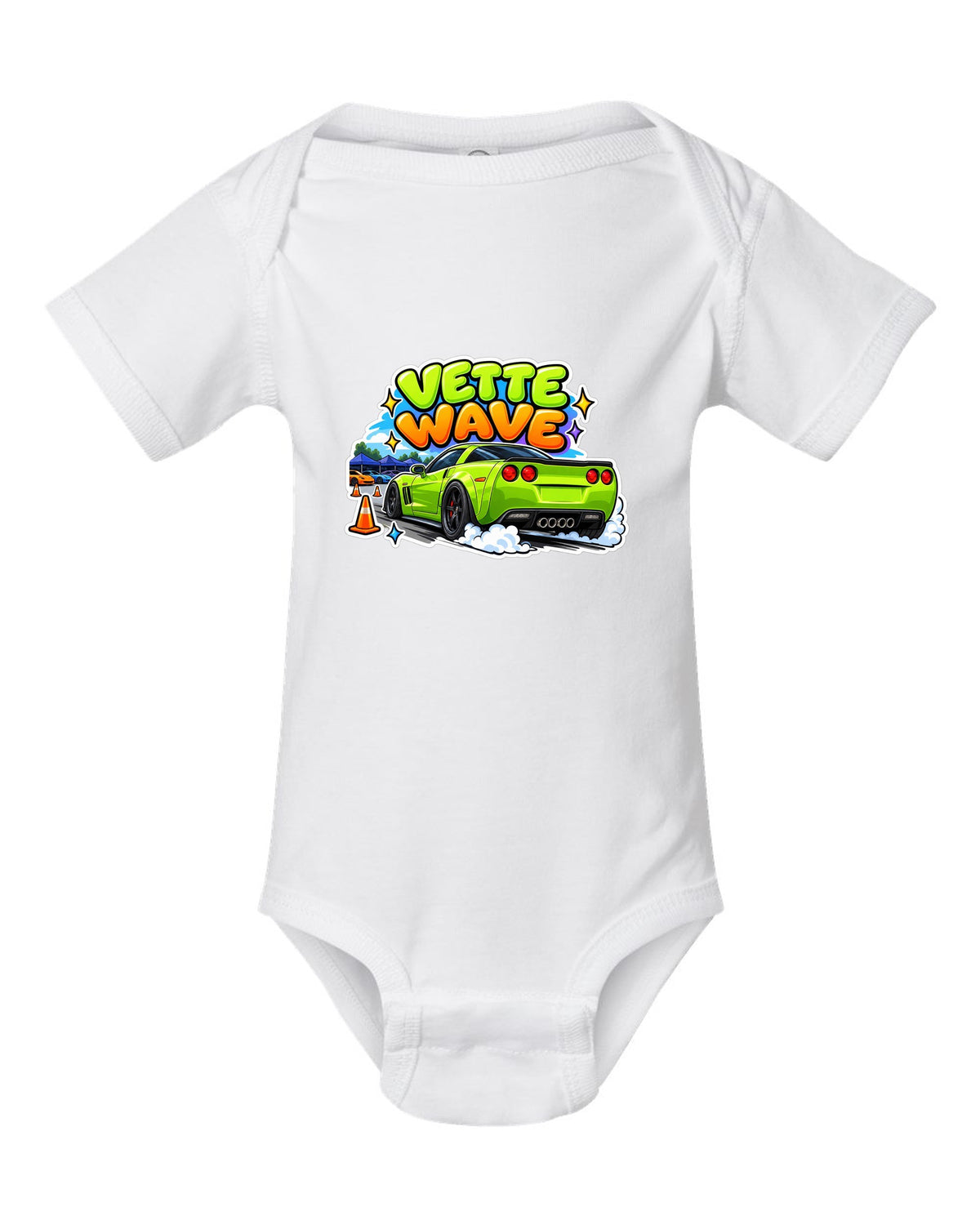 Cartoon sticker sheet print of a 2008 Chevrolet Corvette C6 Z06 with Vette Wave lettering white baby onesie front view with the design
