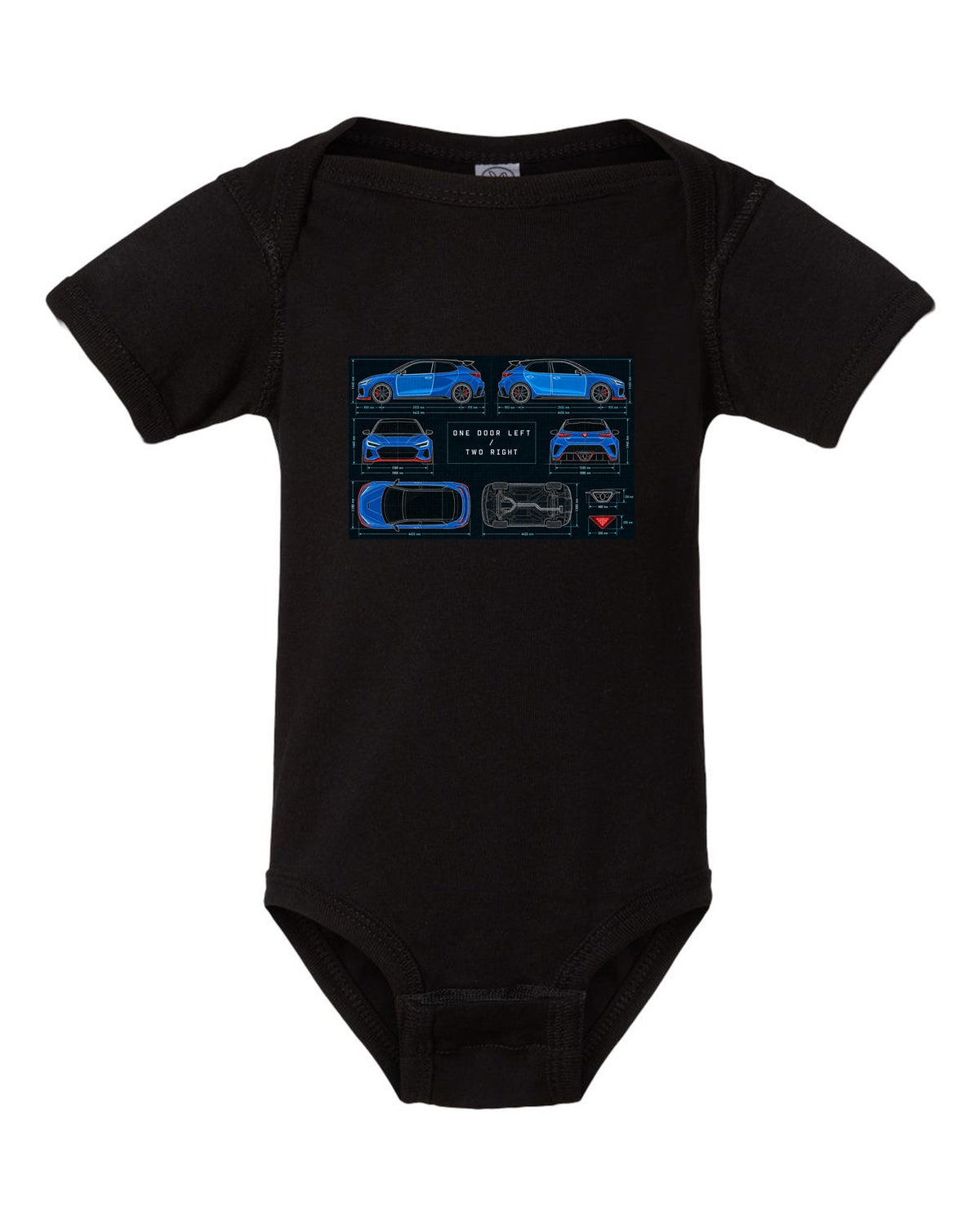 Hyundai Veloster N JS technical blueprint print with one door left and two right black baby onesie front view with the design