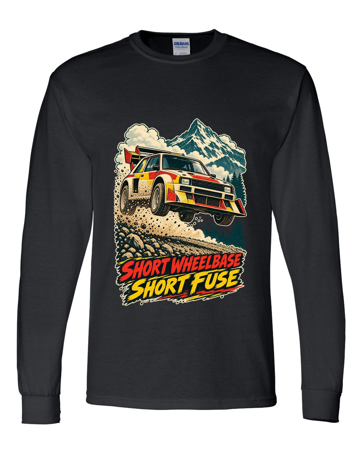 Vintage race-poster lithograph print of a 1985 Audi Sport Quattro S1 E2 with Short Fuse lettering black long sleeve front view with the design