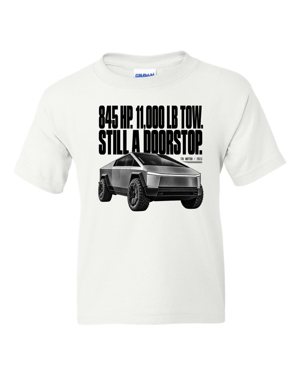 Halftone Tesla Cybertruck Cyberbeast front three-quarter with 845 HP and 11,000 lb tow text white kids tee front view with the design