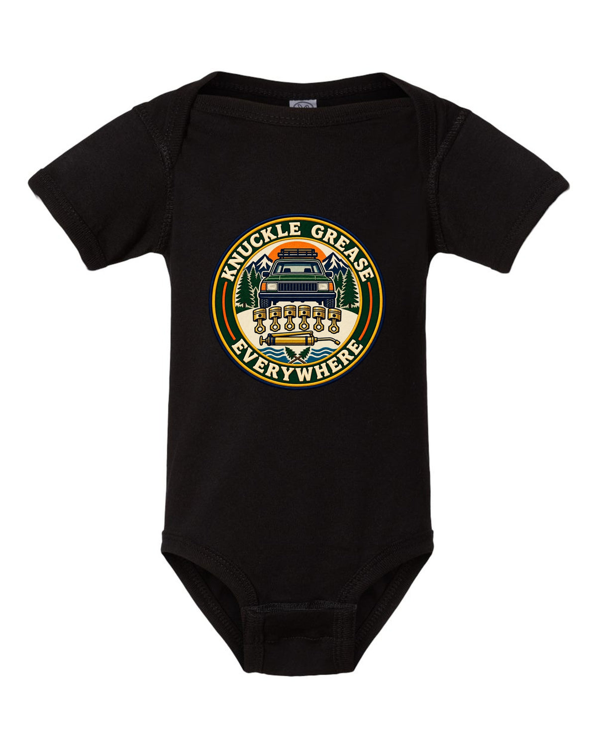 Badge crest of a Toyota Land Cruiser FZJ80 inline-six with Knuckle Grease Everywhere lettering black baby onesie front view with the design