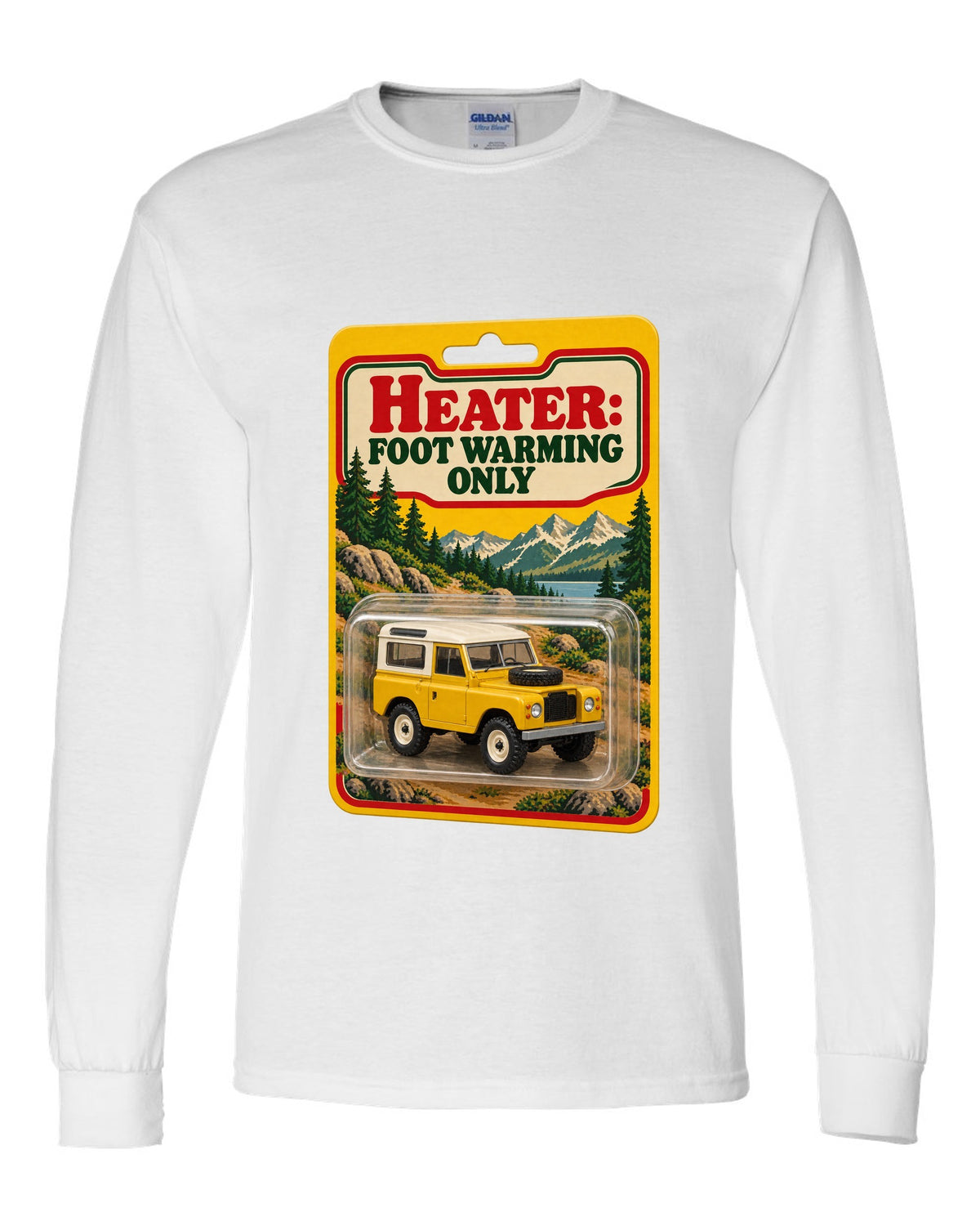 Toy blister card print with a Land Rover Defender 90 and the text Heater Foot Warming Only white long sleeve front view with the design