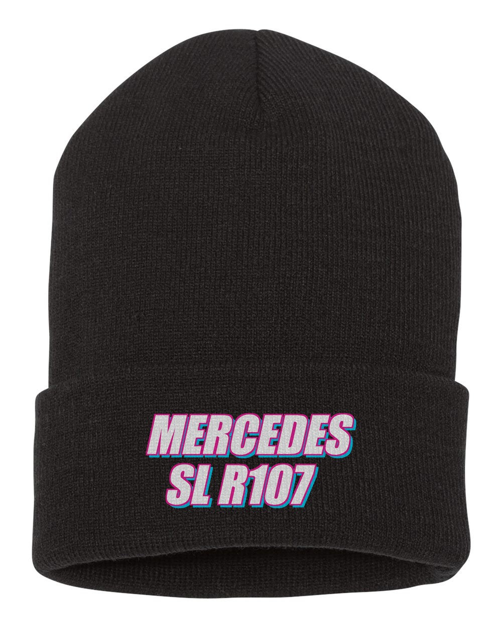 Mercedes Sl R107 black beanie front view with car name
