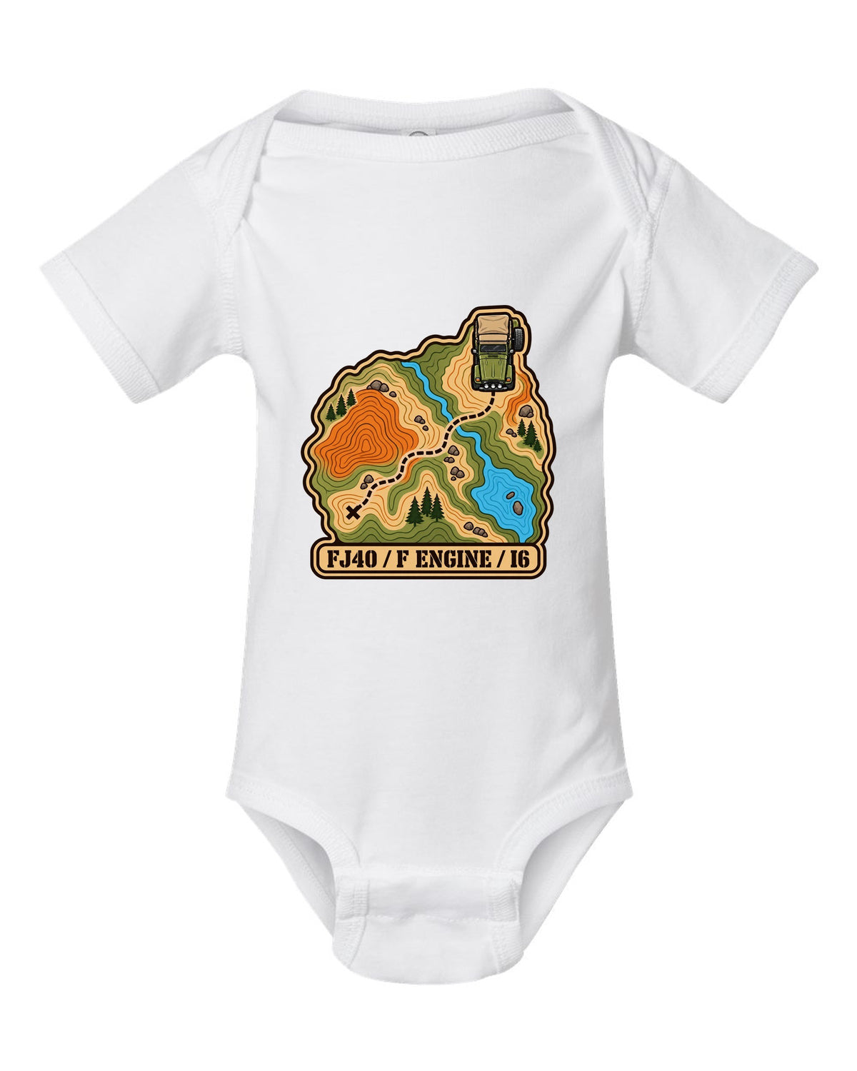Topographic route map illustration of a Toyota Land Cruiser FJ40 with F engine I6 lettering white baby onesie front view with the design