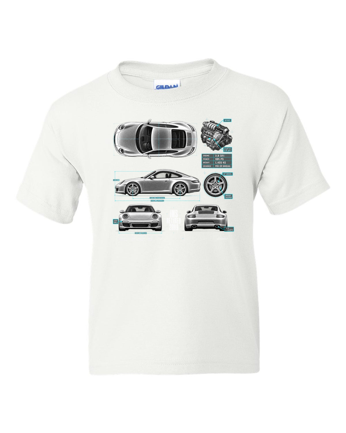 Spec poster print of a Porsche 911 Carrera S (997.2) with the headline IMS Retired 2009 white kids tee front view with the design