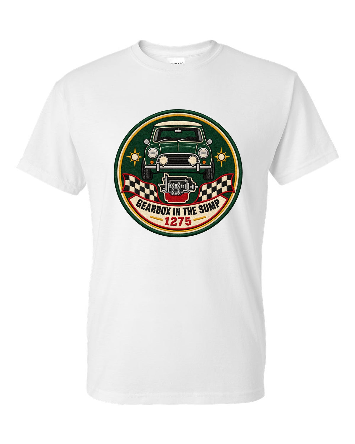 Round crest for the classic Mini Cooper S ADO15 with gearbox in the sump lettering white t-shirt front view with the design