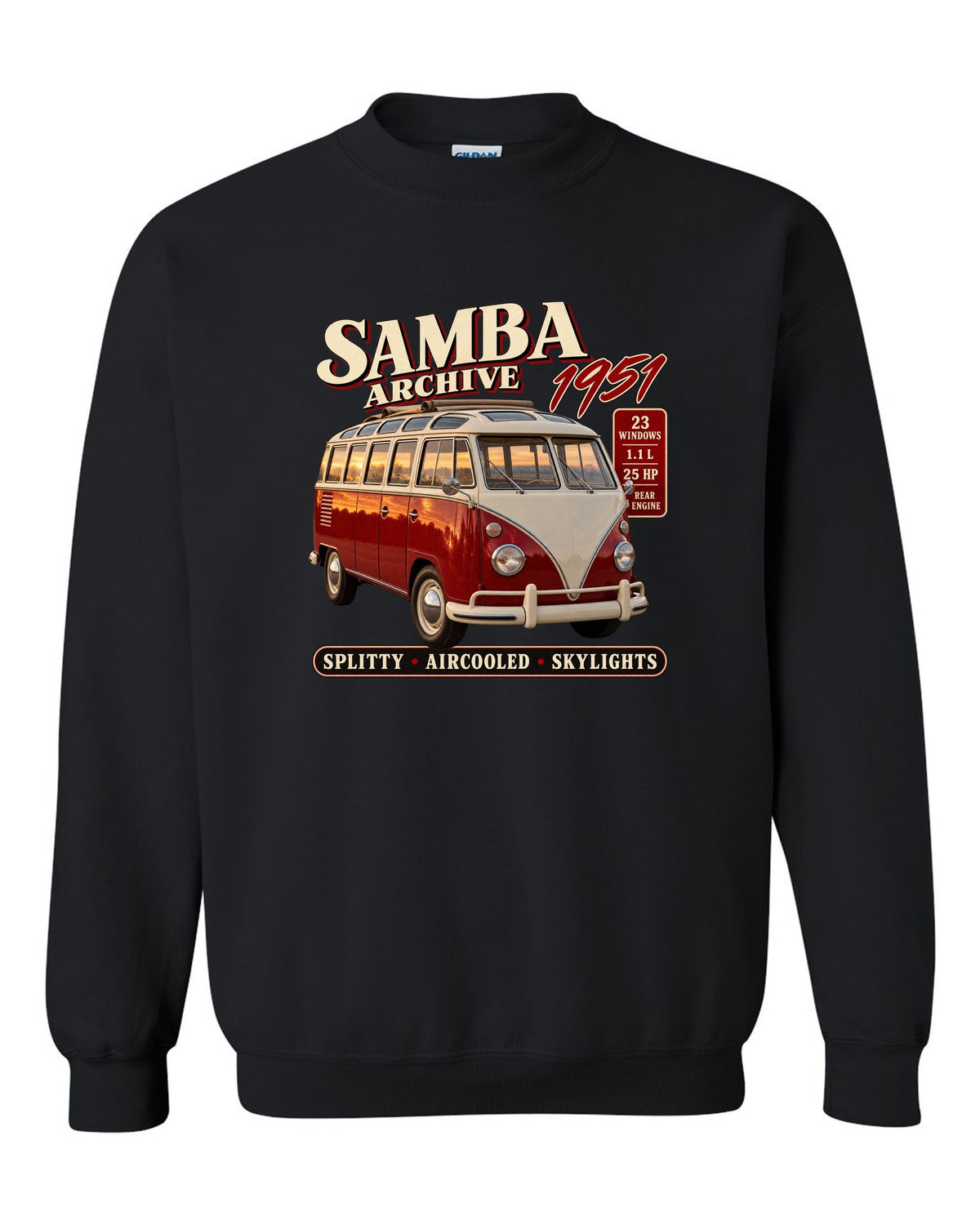 Archive panel print of a VW T1 Samba bus front three-quarter with 23 windows text black crewneck front view with the design