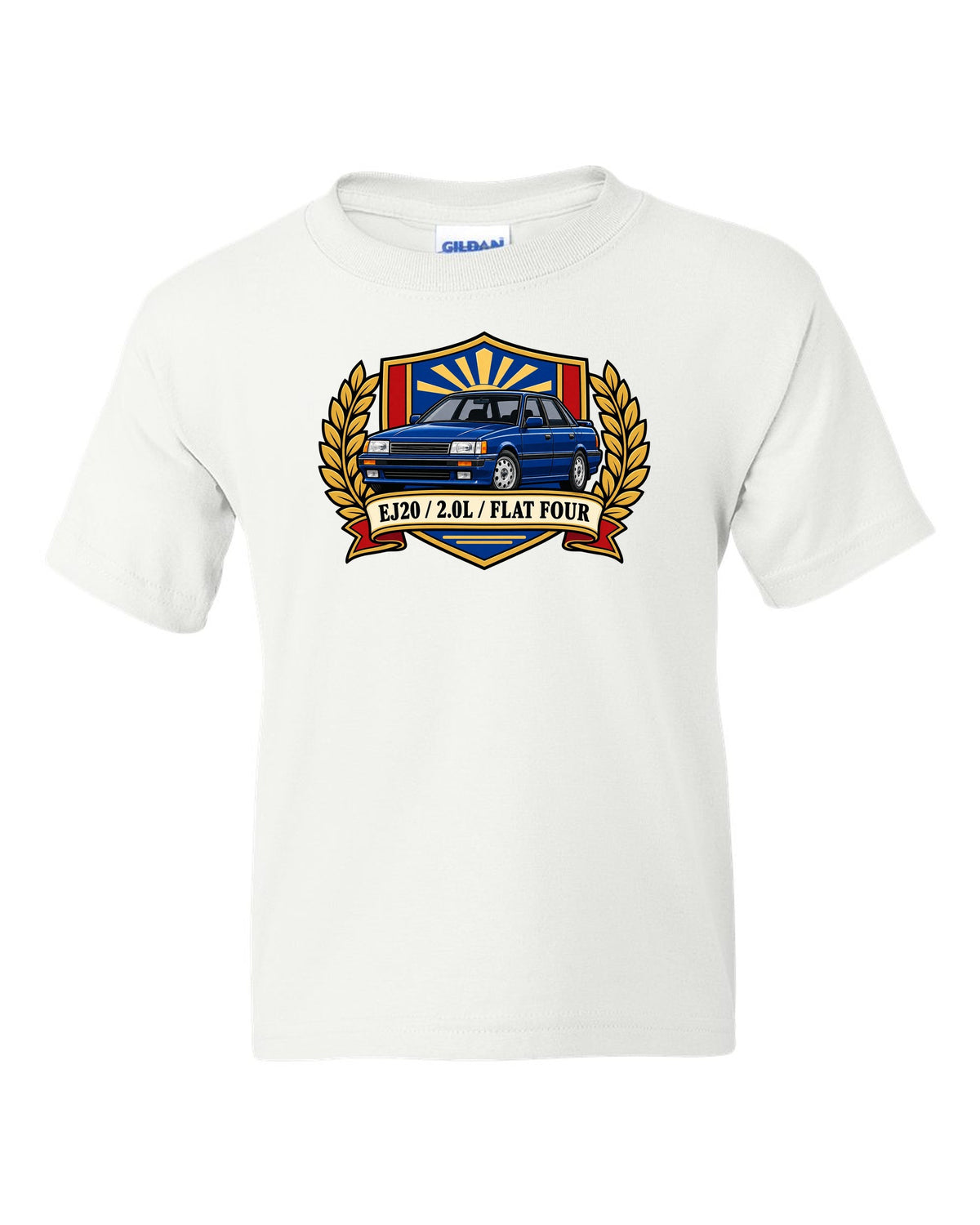 Shield crest design for a Subaru Legacy BC5 RS with EJ20 2.0L flat four text white kids tee front view with the design