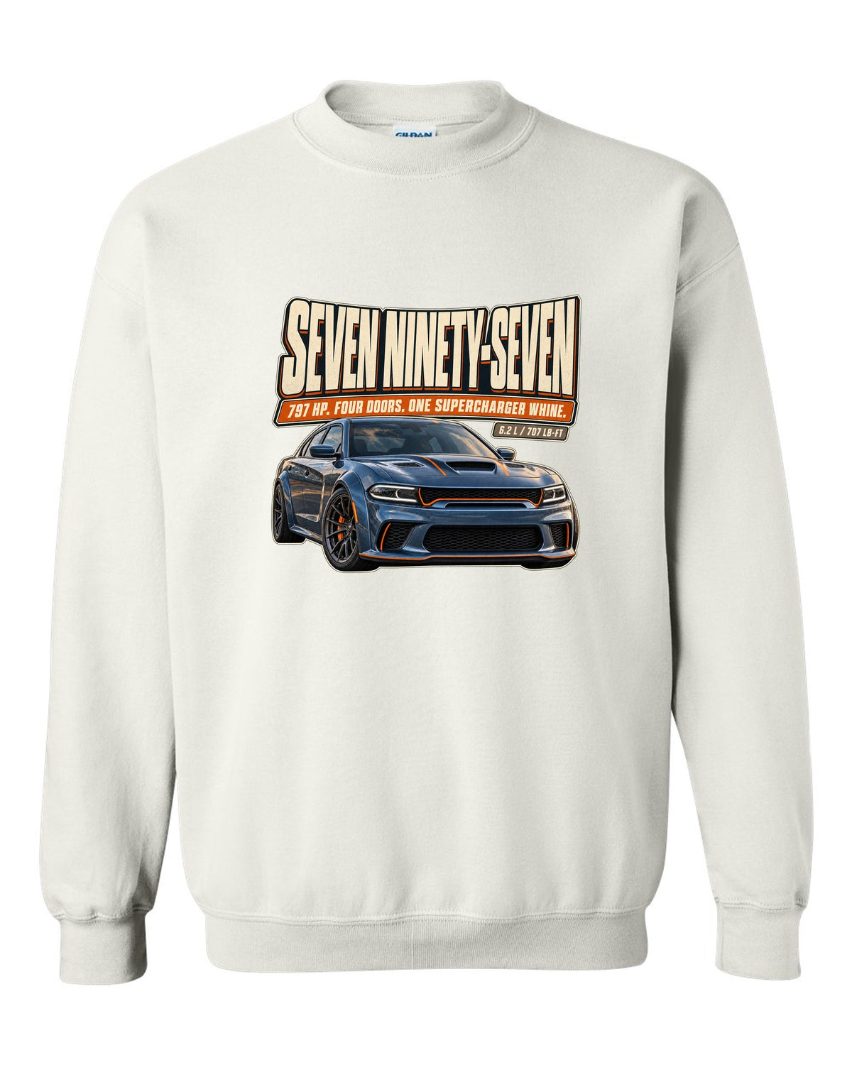 Dodge Charger SRT Hellcat Redeye Widebody editorial headline print white crewneck front view with the design