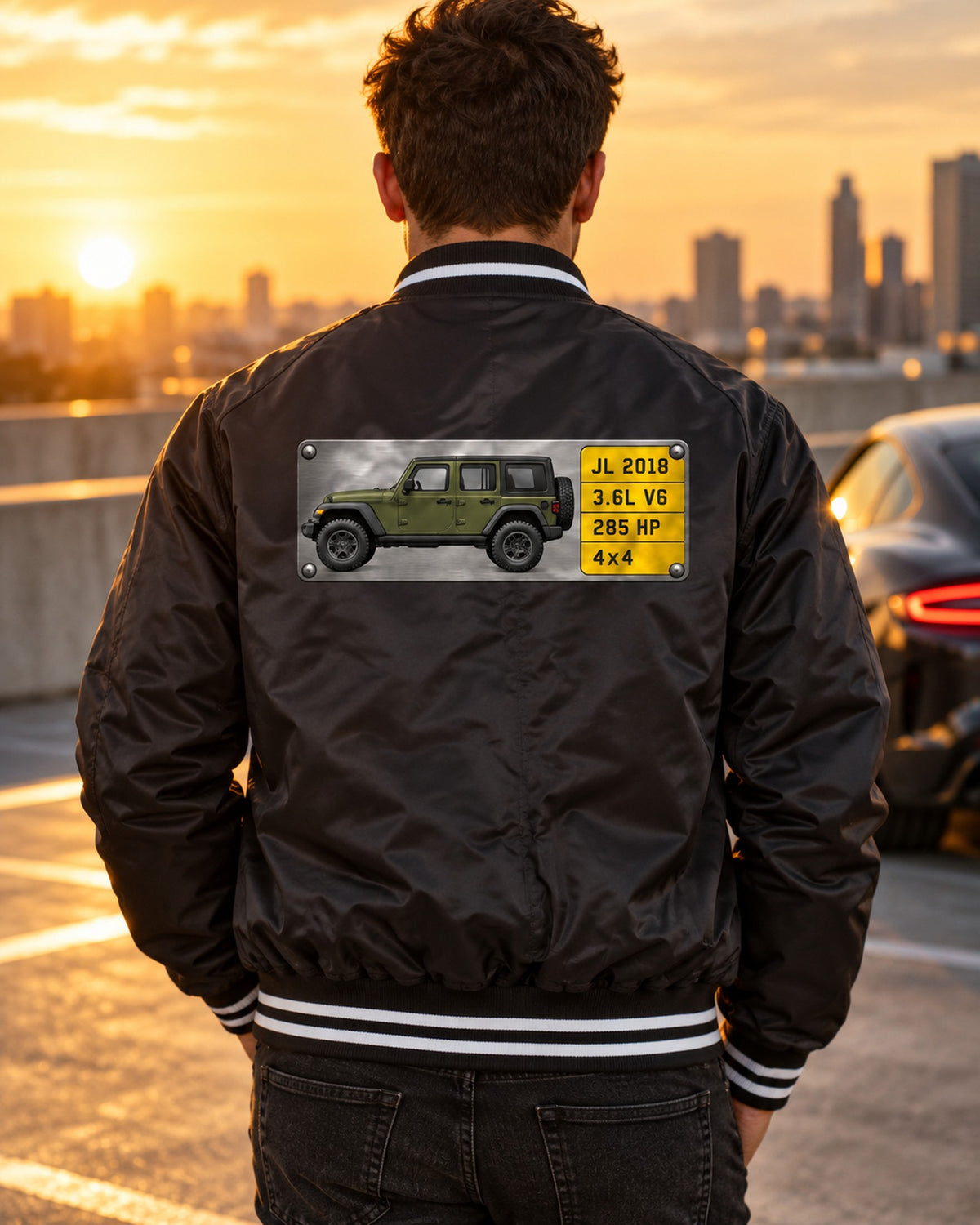 Jeep Wrangler JL Unlimited 3.6L V6 285 HP Spec Plate Tee Bomber Jacket Black worn hero