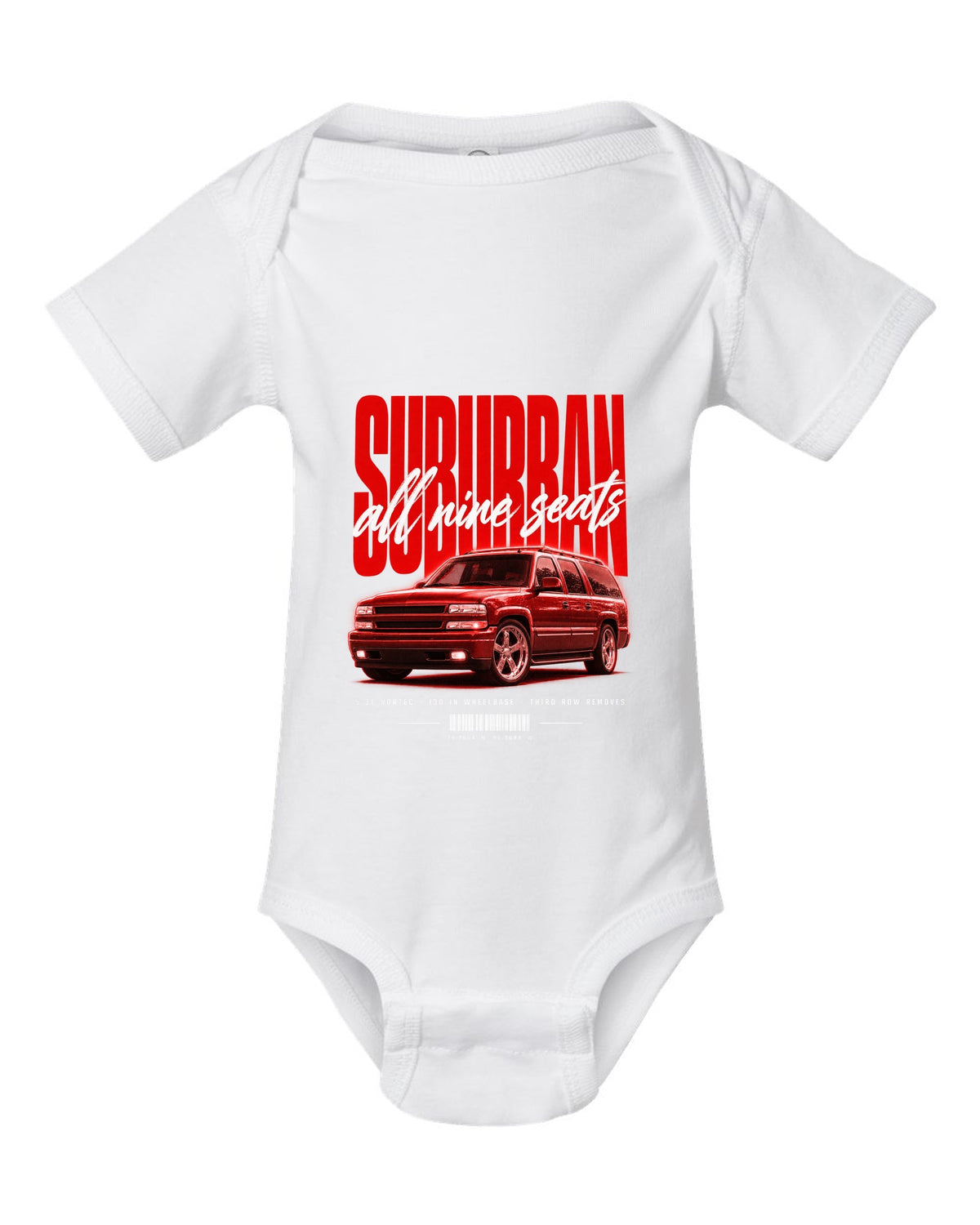 2000-06 Chevy Suburban GMT800 street poster print white baby onesie front view with the design