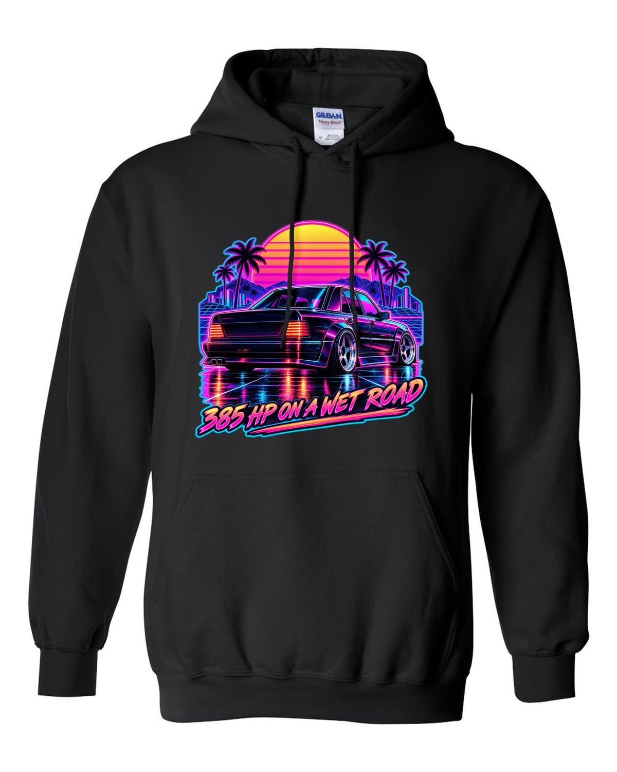 Synthwave outrun print of Mercedes 300E Hammer W124 taillights on a wet road black pull over hoodie front view with the design