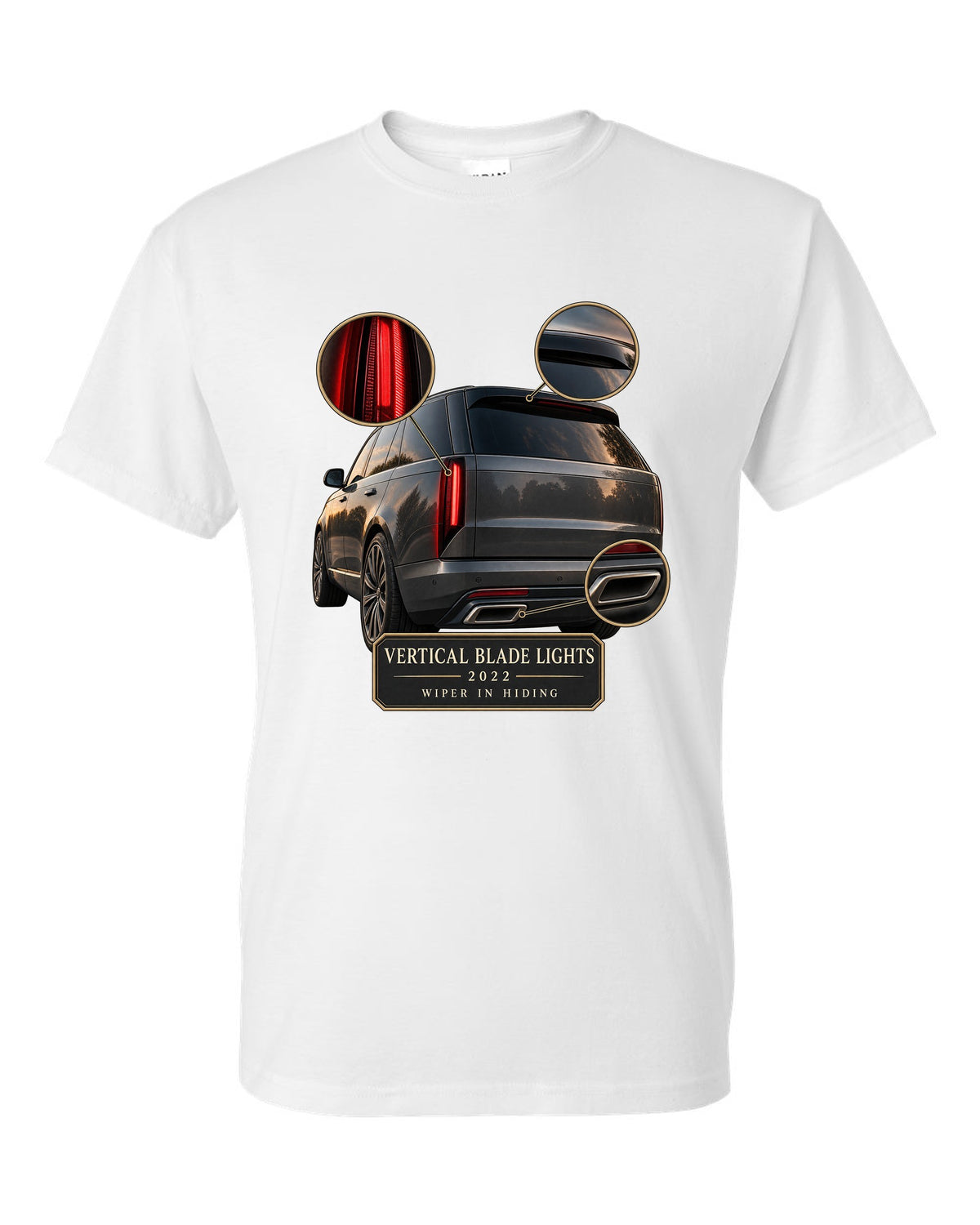 Taillight macro print of the Range Rover L460 with vertical blade lights white t-shirt front view with the design