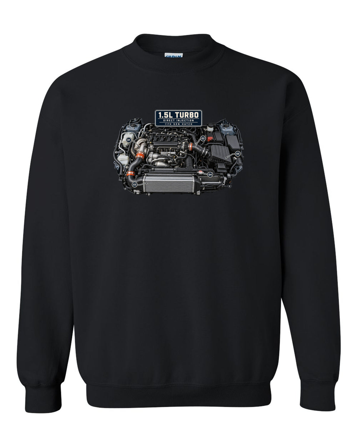 Honda Civic chback FL1 1.5L turbo engine bay print black crewneck front view with the design