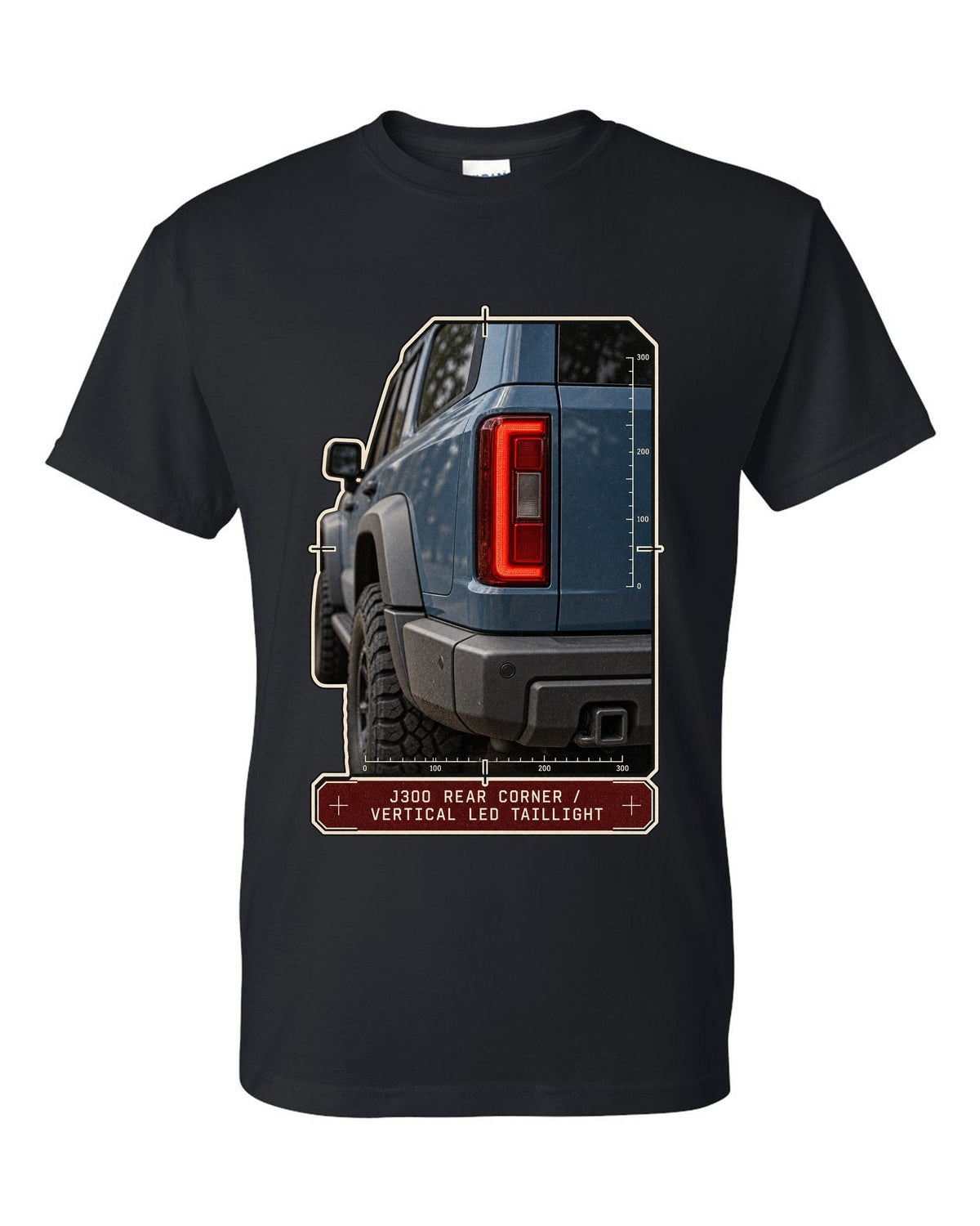 Close-up of Toyota Land Cruiser 300 J300 vertical LED taillight black t-shirt front view with the design