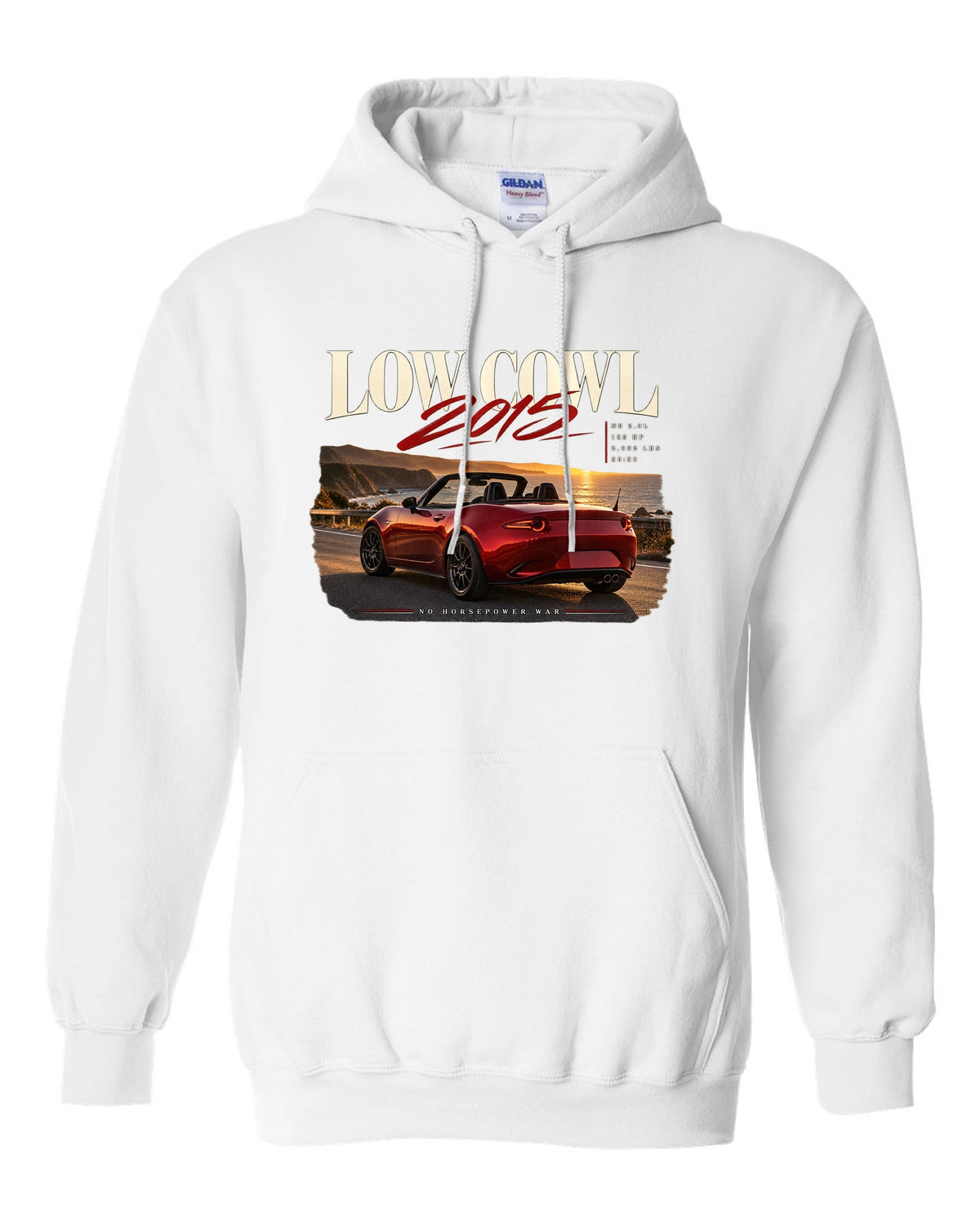 Editorial headline print of a red Mazda MX-5 ND roadster with low cowl text white pull over hoodie front view with the design