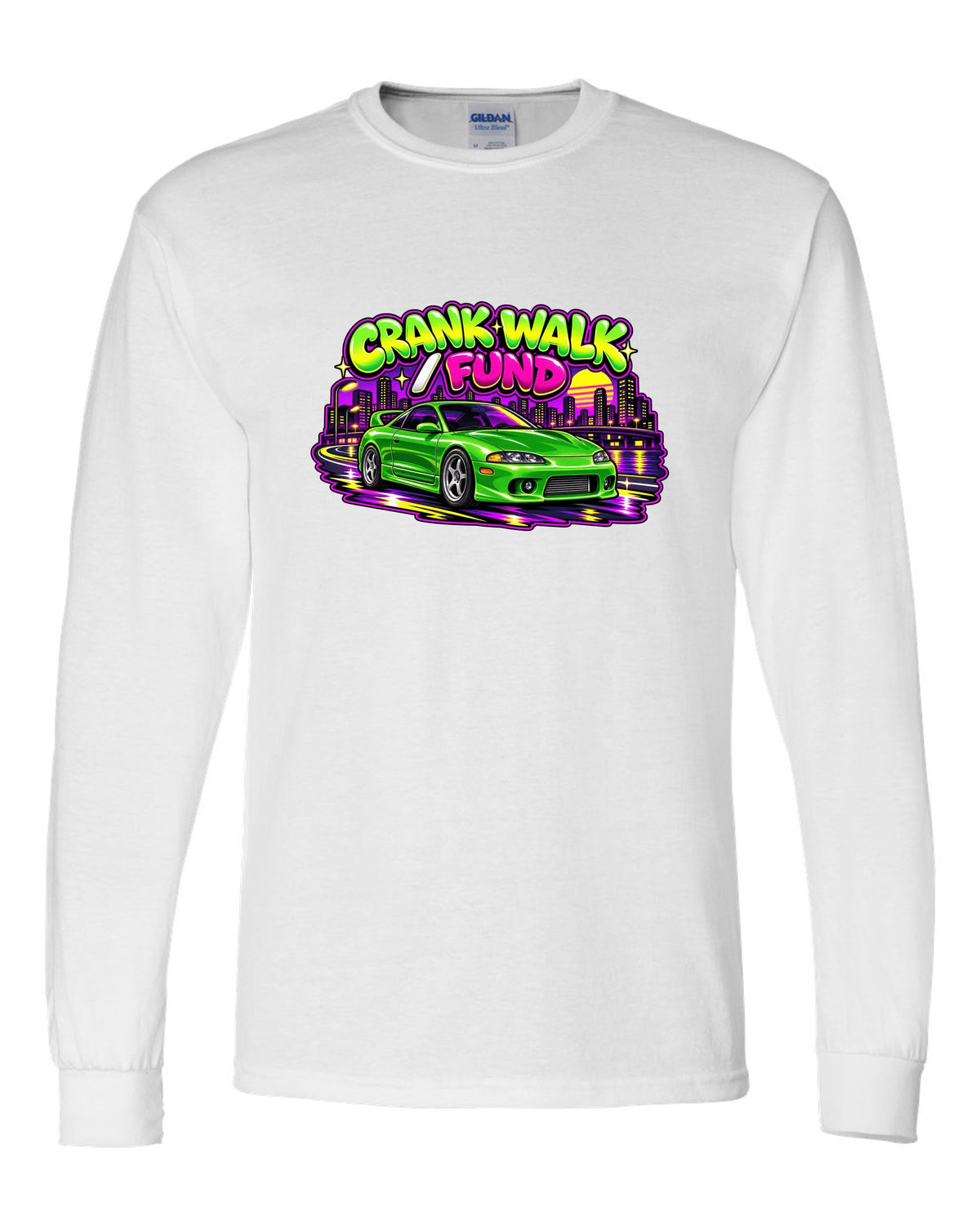 Retro 90s Saturday-morning cartoon style print of a green Mitsubishi Eclipse GSX 2G with crank walk fund text white long sleeve front view with the design